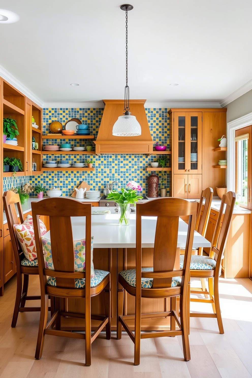 A bright and inviting summer kitchen filled with natural light. The space features a large wooden island with a white countertop, surrounded by high-backed chairs adorned with patterned throw pillows in vibrant colors. On the walls, open shelves display an array of colorful dishware and potted herbs. The backsplash is a cheerful mosaic of blue and yellow tiles, complementing the warm wooden cabinetry.