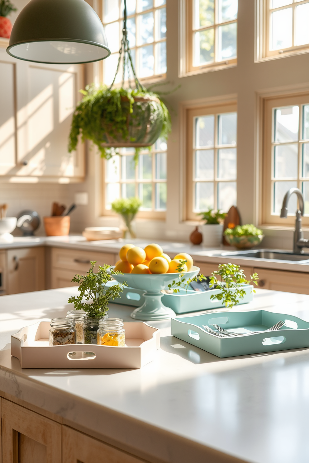 A bright and airy summer kitchen features decorative trays in soft pastel colors that elegantly organize spices and utensils. Sunlight streams through large windows, illuminating the cheerful decor and creating a welcoming atmosphere. The countertops are adorned with fresh herbs in small pots, while a stylish fruit bowl sits at the center. Light wood cabinetry complements the vibrant accents, making the space feel both functional and inviting.