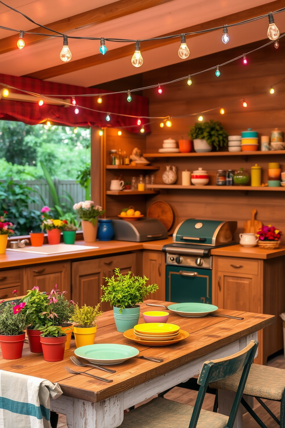 A summer kitchen adorned with vibrant string lights creates a warm and inviting atmosphere. The lights are draped elegantly above the dining area, casting a soft glow over the rustic wooden table set for outdoor dining. Colorful potted herbs and flowers line the countertops, adding a touch of nature to the space. A vintage-style grill sits in the corner, surrounded by cheerful dishware and summer-themed decorations.