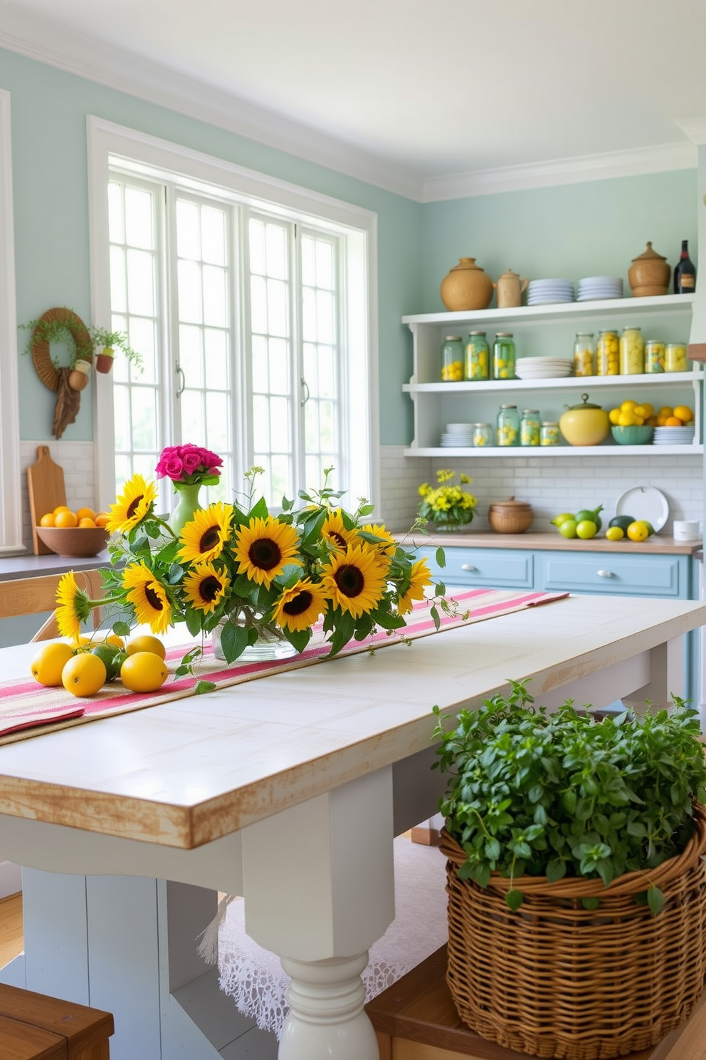 A bright and airy summer kitchen features a large farmhouse table adorned with a vibrant centerpiece of fresh sunflowers, lemons, and greenery. The walls are painted a soft pastel blue, and natural light floods the space through large windows, highlighting the cheerful decor. Open shelving displays colorful dishware and mason jars filled with seasonal fruits, creating a welcoming atmosphere. A woven basket filled with fresh herbs sits on the countertop, adding both style and functionality to the summer-themed decor.