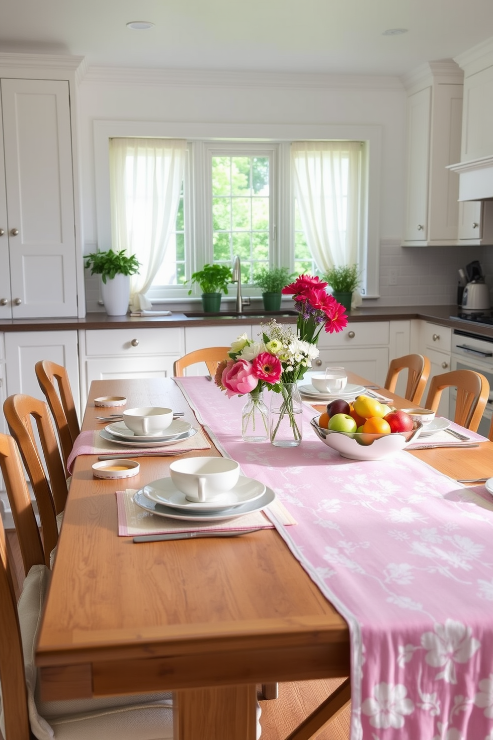 Create a bright and airy summer kitchen setting featuring a large wooden dining table adorned with lightweight, pastel-colored table linens. The table is set for a casual brunch with a mix of ceramic plates, fresh flowers in a simple vase, and colorful fruit arranged in an open bowl. In the background, the kitchen cabinets are painted in a soft white, and natural light floods the space through large windows adorned with sheer curtains. Potted herbs are placed on the windowsill, adding a touch of greenery and freshness to the inviting atmosphere.