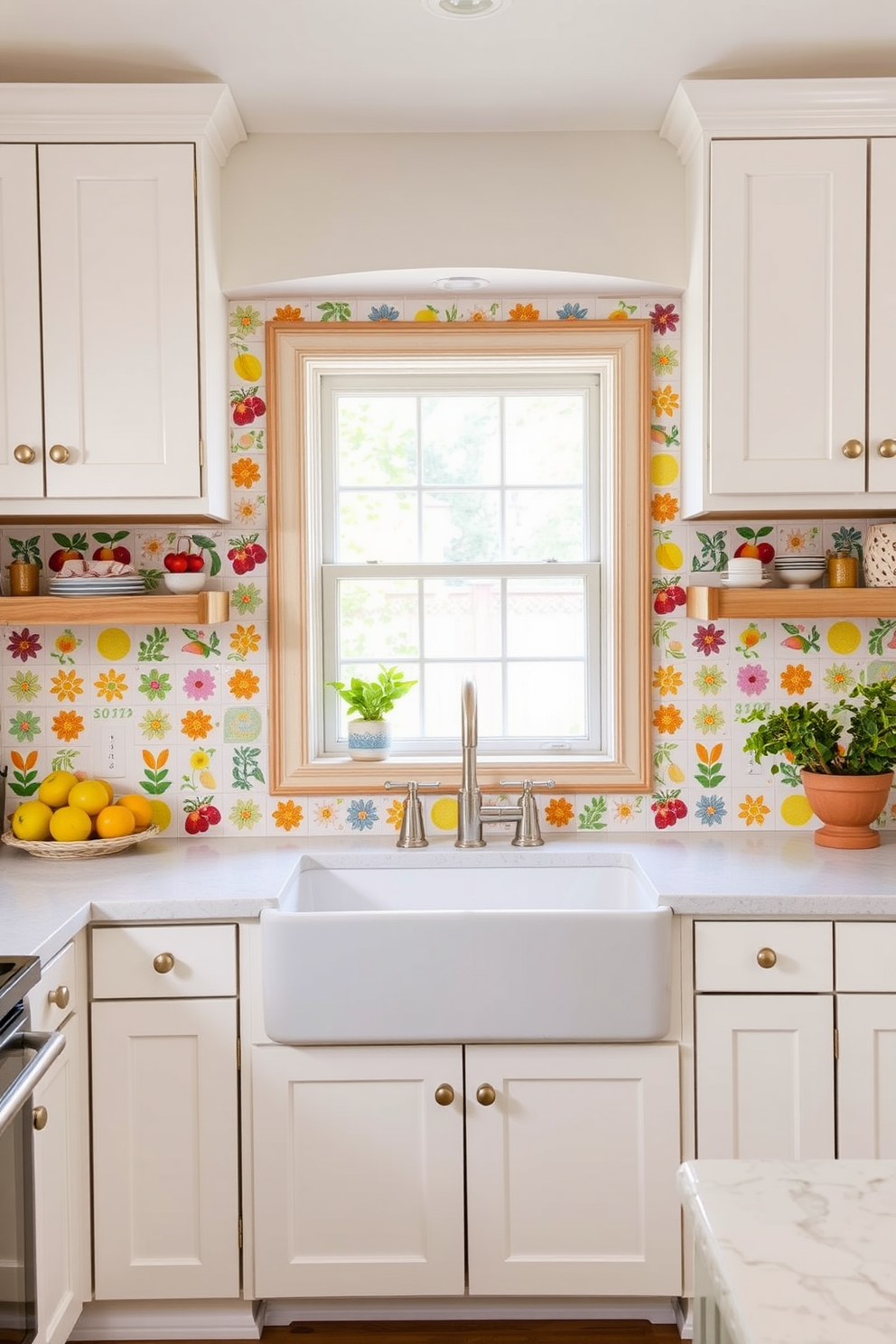 A vibrant summer kitchen featuring a cheerful backsplash adorned with colorful tiles depicting fruits and flowers. The cabinetry is painted in a bright white shade, complemented by natural wood accents that enhance the sunny atmosphere. The countertops are a light quartz, offering a fresh and clean look perfect for summer cooking. A large farmhouse sink is centered beneath a window, allowing natural light to flood the space and illuminate the playful decor.