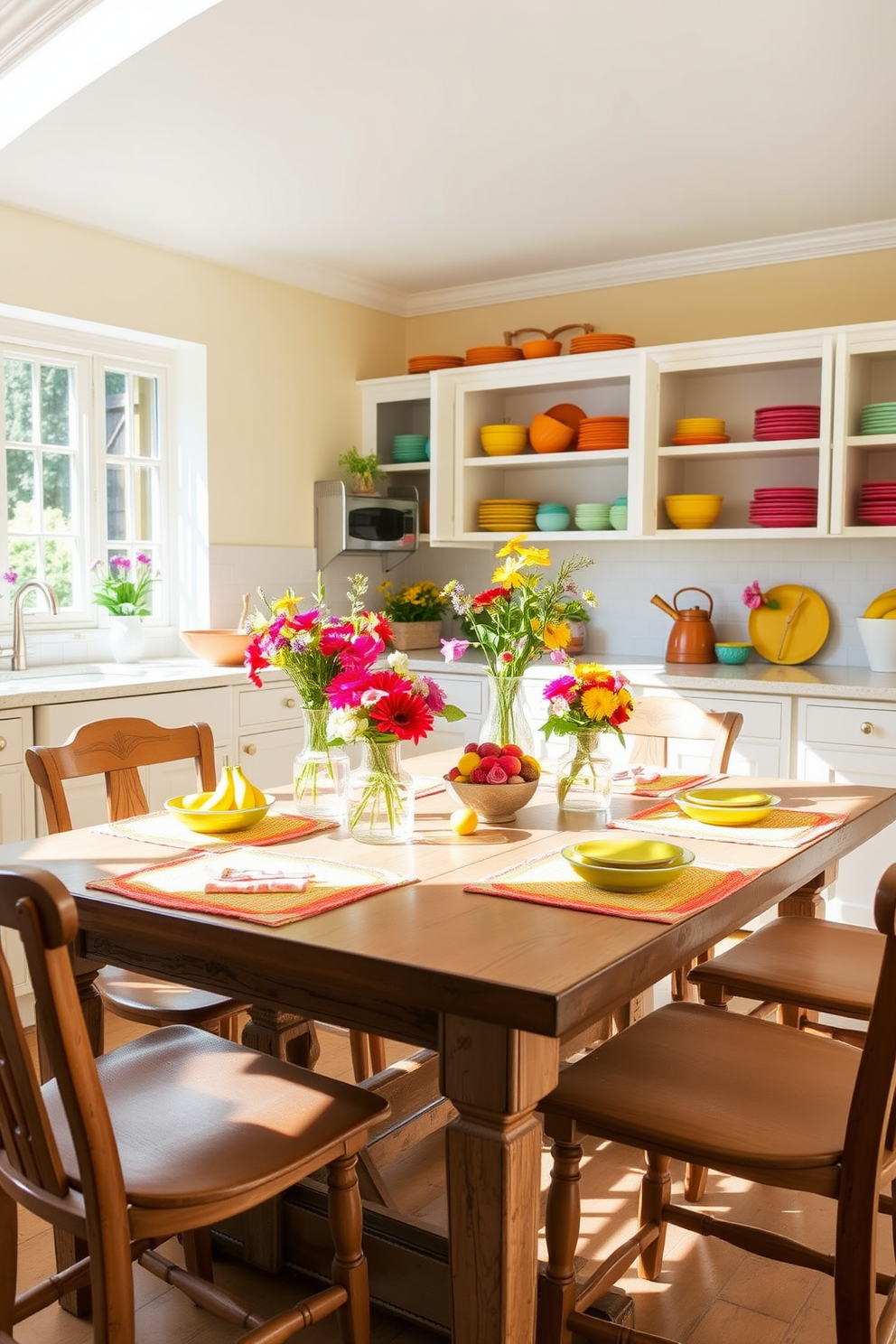 A bright and airy summer kitchen adorned with vibrant placemats on a rustic wooden dining table. Fresh fruits and colorful flowers are artfully arranged as centerpieces, enhancing the cheerful atmosphere. The walls are painted in a soft pastel hue, complemented by white cabinetry and open shelving displaying colorful dishware. Sunlight streams through large windows, illuminating the space and creating a warm, inviting ambiance.