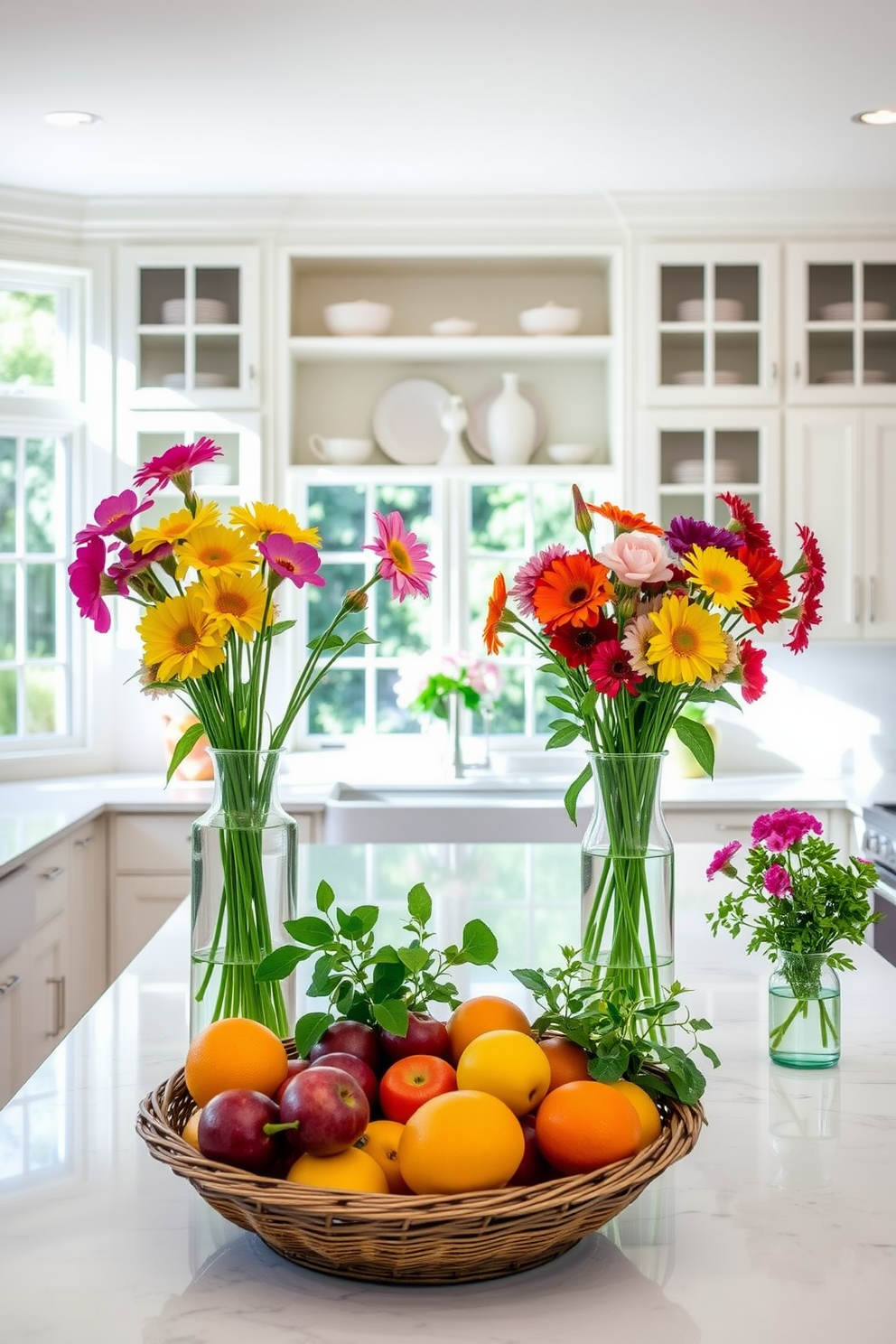 A bright and airy summer kitchen filled with natural light. Fresh flowers in colorful vases are placed on the countertop, adding a vibrant touch to the space. The kitchen features white cabinetry with open shelving showcasing decorative dishware. A large island in the center is adorned with a bowl of seasonal fruits and a few potted herbs for a lively, inviting atmosphere.