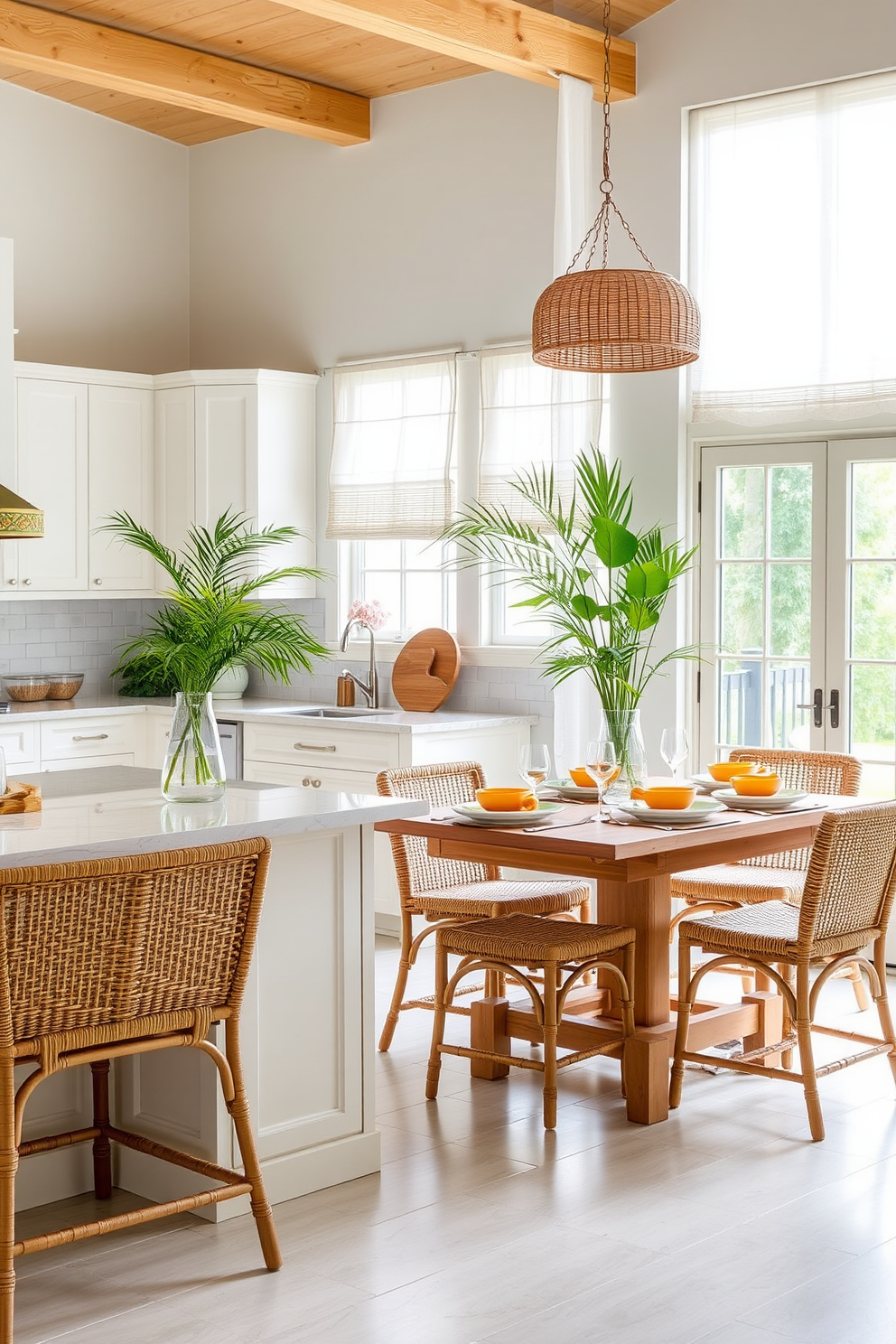 A bright and airy summer kitchen features bamboo accents throughout the design. The cabinetry is a soft white, complemented by rattan bar stools that add a touch of warmth and texture. Natural light floods the space through large windows adorned with sheer linen curtains. A wooden dining table set with vibrant, tropical-themed tableware creates an inviting atmosphere for gatherings.