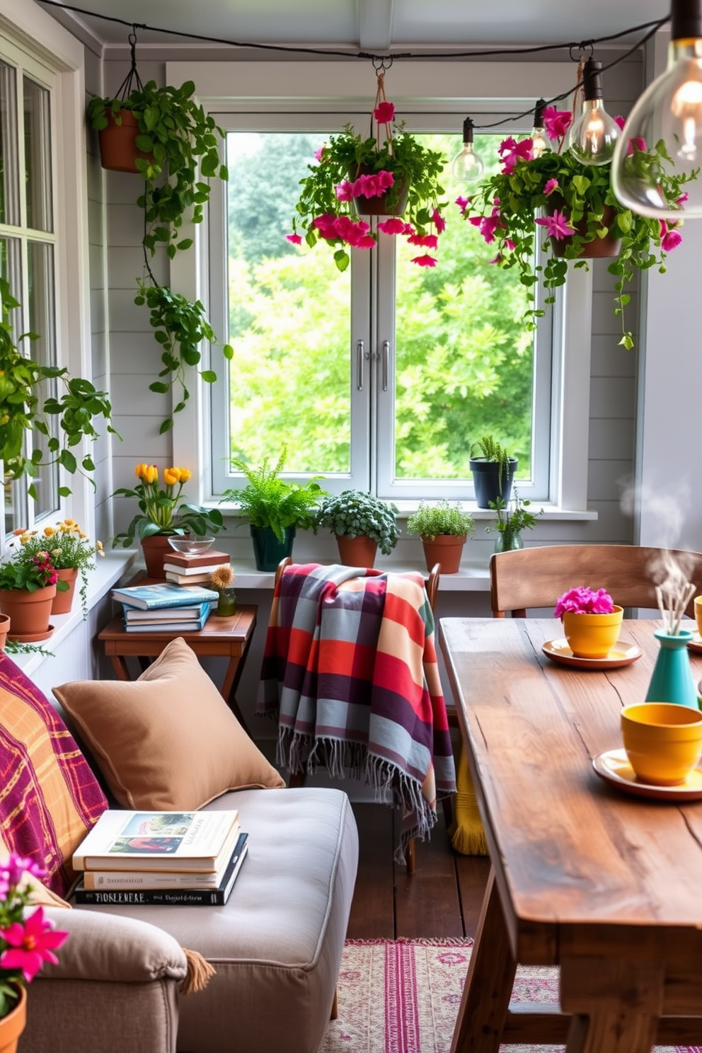 A cozy reading nook corner features a plush armchair upholstered in soft fabric, positioned next to a large window that allows natural light to flood the space. A small side table holds a stack of books and a steaming cup of tea, while a colorful throw blanket drapes over the armchair inviting relaxation. The summer kitchen is adorned with vibrant potted herbs and flowers, creating a cheerful and inviting atmosphere. A rustic wooden dining table is set with bright tableware, and string lights are hung overhead to enhance the outdoor dining experience.