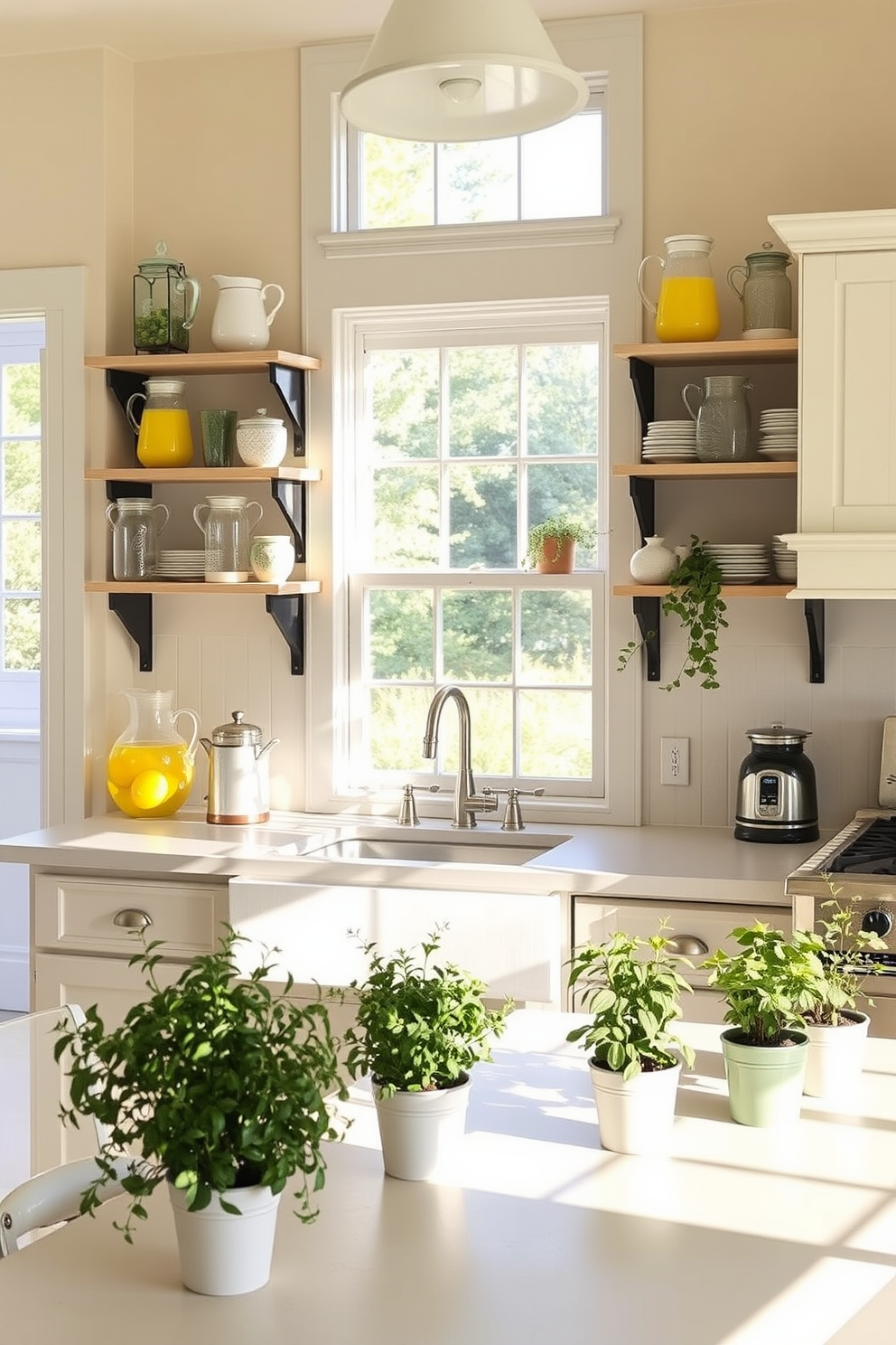 A charming summer kitchen filled with natural light. Vintage lemonade pitchers are artfully arranged on open shelves, adding a nostalgic touch to the space. The countertops are adorned with fresh herbs in small pots, enhancing the vibrant atmosphere. Soft pastel colors dominate the decor, creating a warm and inviting environment.