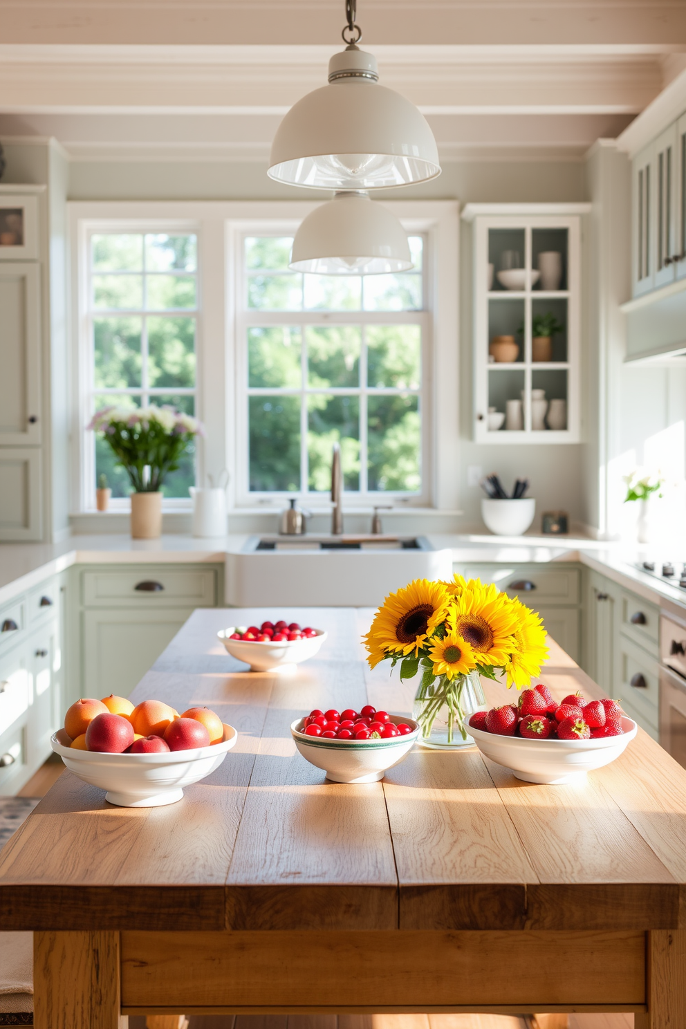 A bright and airy summer kitchen filled with natural light. The centerpiece is a large wooden table adorned with bowls of vibrant seasonal fruits like peaches, cherries, and strawberries. The cabinets are painted in a soft pastel color, complementing the fresh and cheerful atmosphere. A bouquet of sunflowers sits on the countertop, adding a touch of warmth and color to the space.