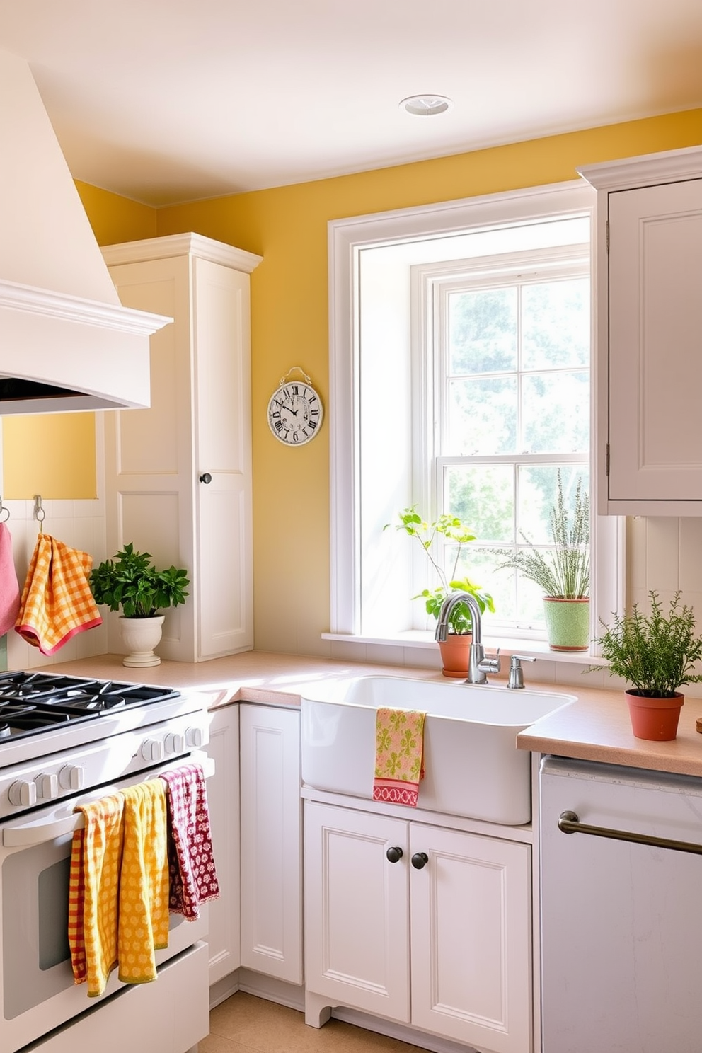 A bright and airy kitchen filled with natural light. The walls are painted in a soft yellow hue, complemented by white cabinetry and a farmhouse sink. Colorful kitchen towels and mitts hang from the oven and countertop, adding a cheerful touch. Fresh herbs in decorative pots sit on the windowsill, enhancing the summer vibe.