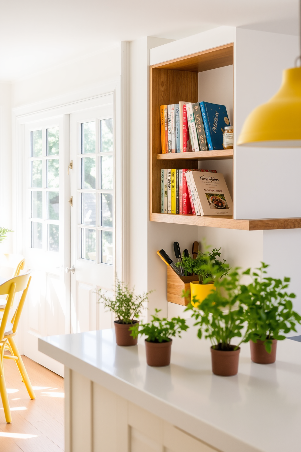 A bright and airy summer kitchen filled with natural light. Cookbooks with vibrant covers are displayed on a wooden open shelf, adding a pop of color to the space. Fresh herbs in small pots are arranged on the countertop, enhancing the inviting atmosphere. The walls are painted a soft white, complemented by cheerful yellow accents throughout the decor.