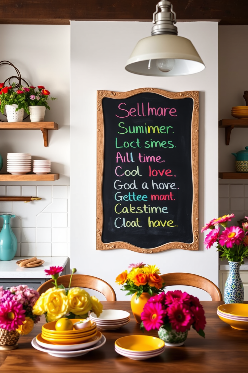 A charming summer kitchen setting featuring a large chalkboard mounted on the wall displaying seasonal messages in colorful chalk. The kitchen is adorned with vibrant floral arrangements and bright dishware, creating a cheerful and inviting atmosphere.