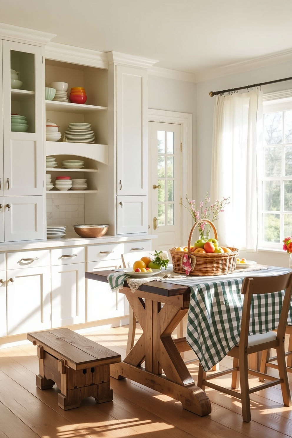 A bright and airy summer kitchen featuring white cabinetry and open shelving filled with colorful dishware. A rustic wooden table is set for a casual meal, with a picnic basket overflowing with fresh fruits and a checkered tablecloth draped over one side. The walls are painted in a soft pastel hue, creating a cheerful ambiance. Sunlight streams in through large windows adorned with light, flowing curtains, enhancing the inviting atmosphere of the space.