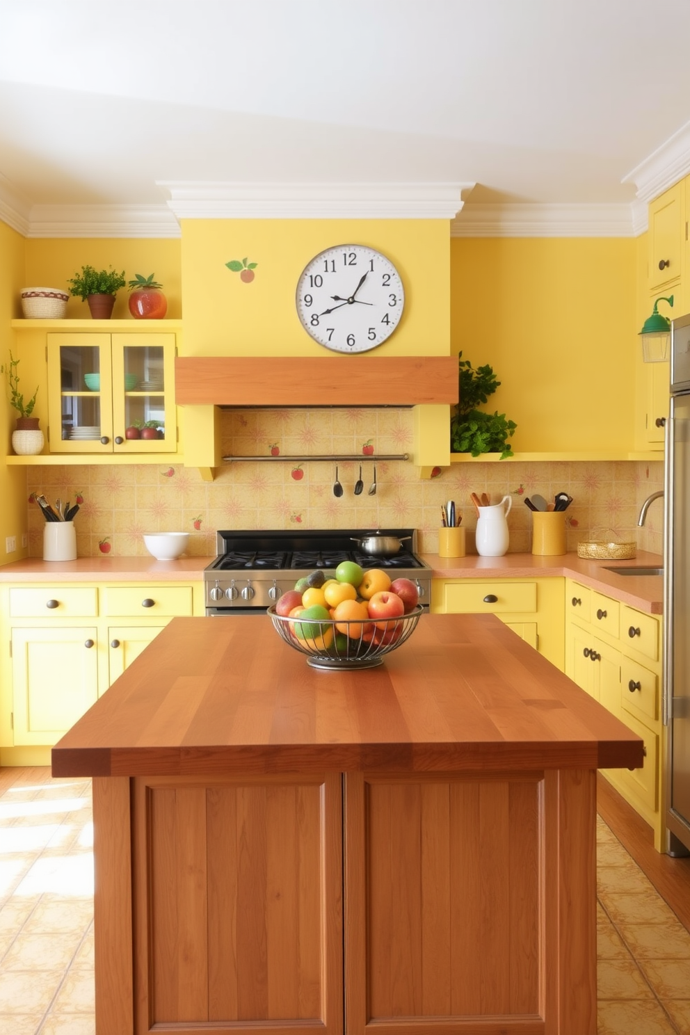 A charming summer kitchen filled with bright colors and playful designs. The walls are painted in a cheerful yellow, and the cabinets are adorned with whimsical fruit-themed decals. A large wooden island takes center stage, topped with a vibrant fruit bowl. A whimsical fruit-themed clock hangs above the island, adding a touch of fun to the space.