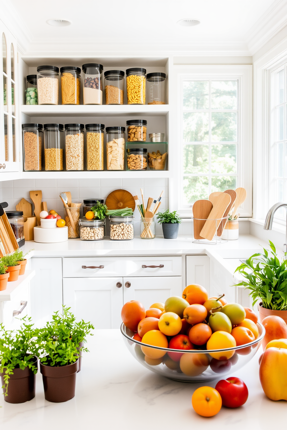 A bright and airy summer kitchen filled with natural light. Clear containers are neatly arranged on open shelves, showcasing colorful pantry items like grains, pasta, and snacks. The countertops are adorned with fresh herbs in small pots, adding a touch of greenery. A large bowl of seasonal fruits sits at the center, inviting a sense of abundance and warmth.