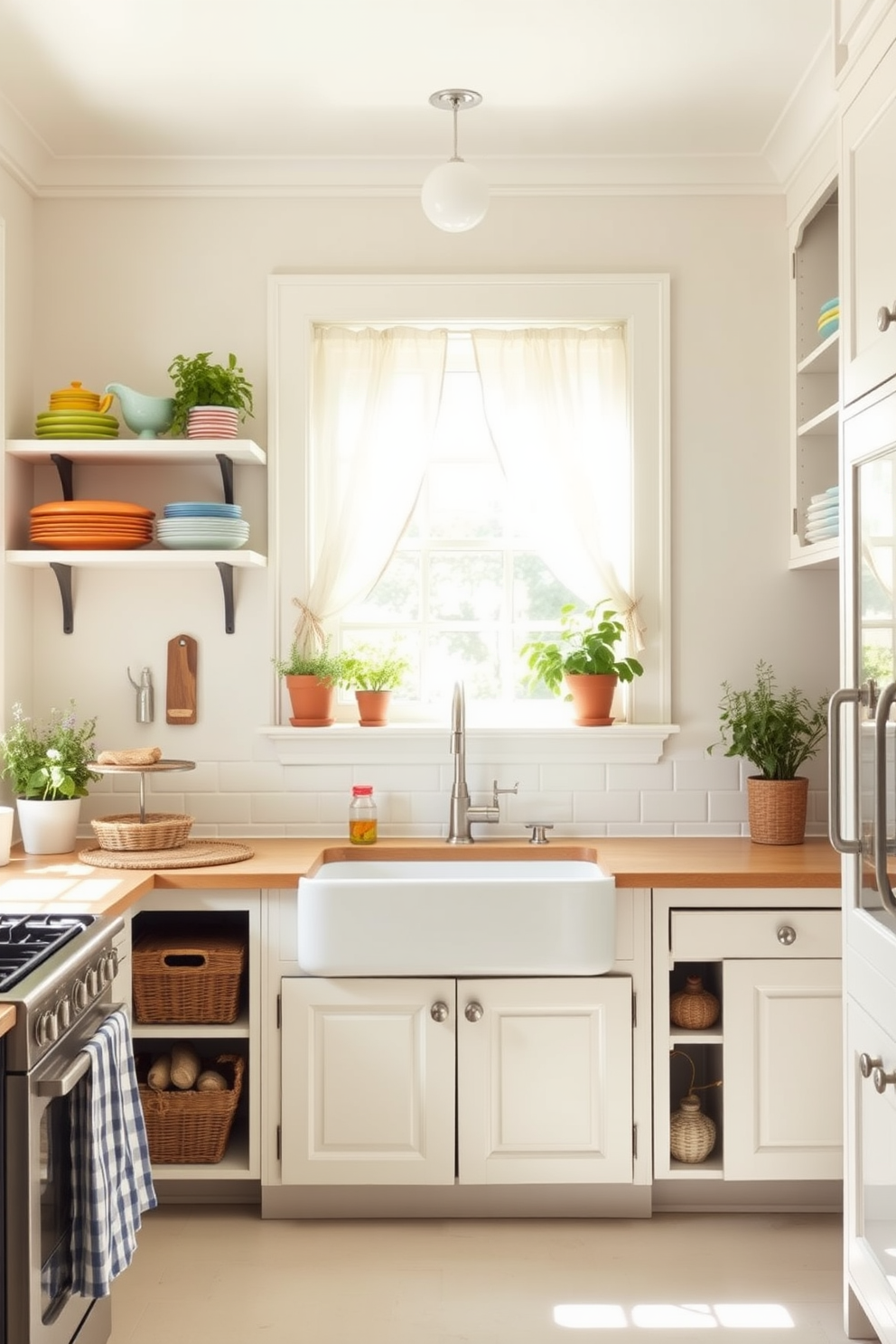 A bright and airy summer kitchen filled with natural light. The walls are painted in soft pastel shades and the cabinets are a crisp white, creating a fresh and inviting atmosphere. A large farmhouse sink is positioned beneath a window, adorned with sheer curtains that gently flutter in the breeze. Open shelving displays colorful dishware and potted herbs, adding a touch of greenery and charm to the space.