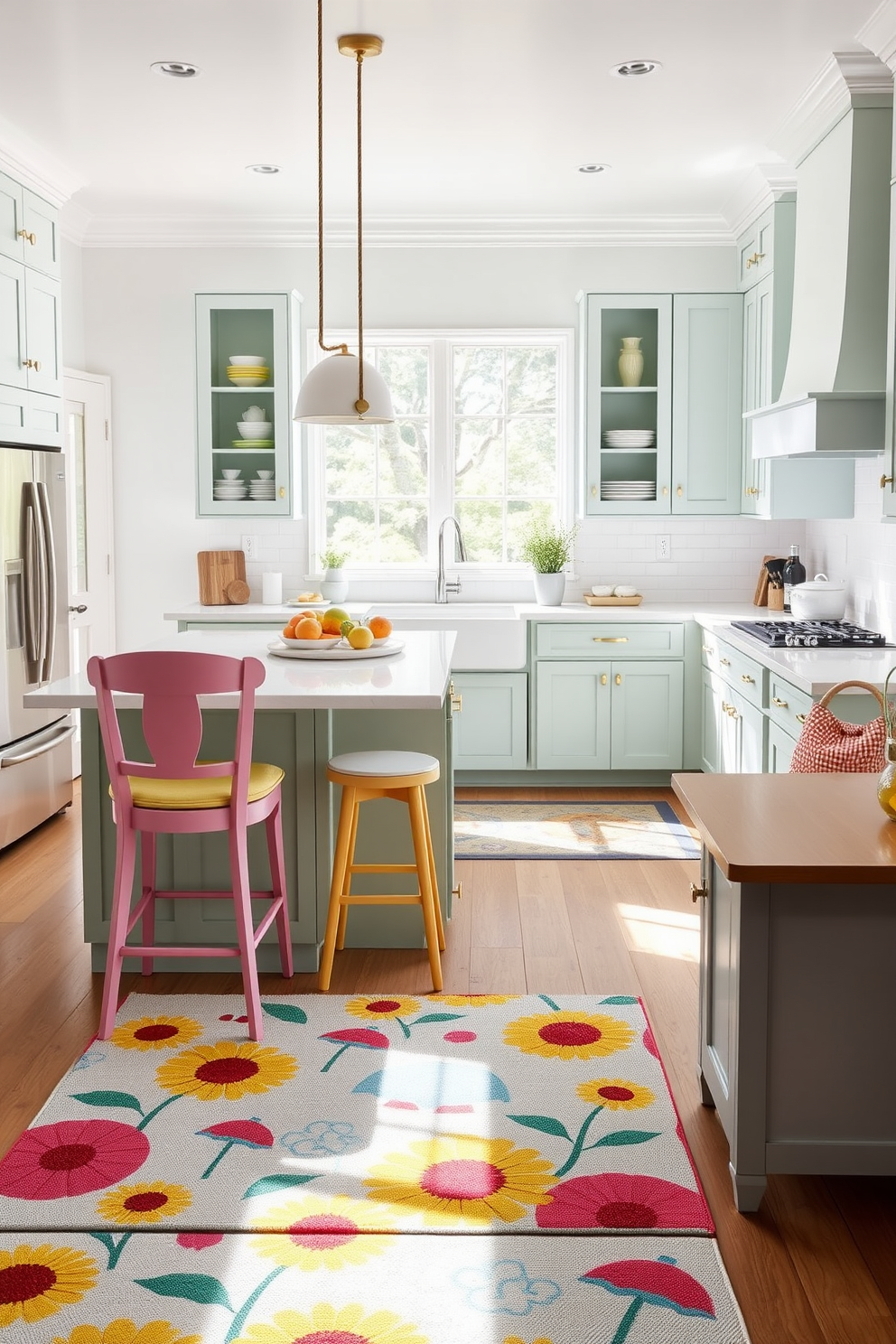 A bright and airy summer kitchen filled with natural light. The centerpiece is a large island topped with a white quartz countertop, surrounded by high-back stools in cheerful pastel colors. On the floor, a fun summer-themed rug features vibrant patterns of sunflowers and beach umbrellas, adding a playful touch. The cabinetry is painted in a soft mint green, complemented by brass hardware and open shelving displaying colorful dishware.