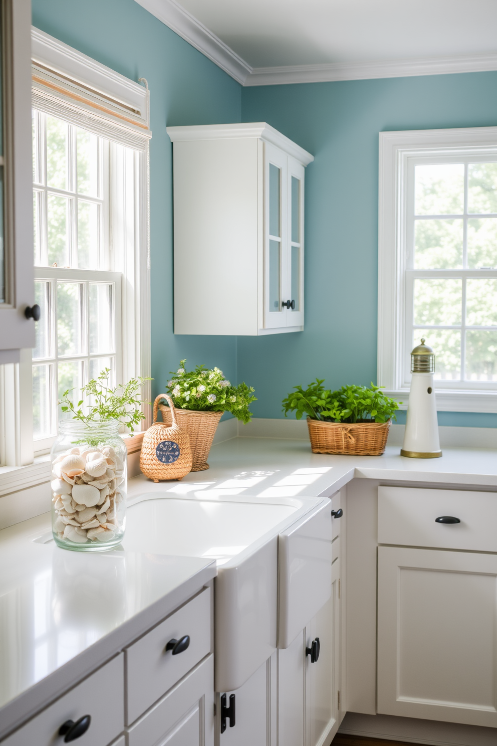 A bright and airy summer kitchen filled with natural light. The walls are painted in a soft blue hue, complemented by white cabinetry and a large farmhouse sink. Nautical themed decor accents include a collection of seashells displayed in a glass jar on the countertop. A woven basket filled with fresh herbs sits next to a vintage lighthouse figurine on the windowsill.