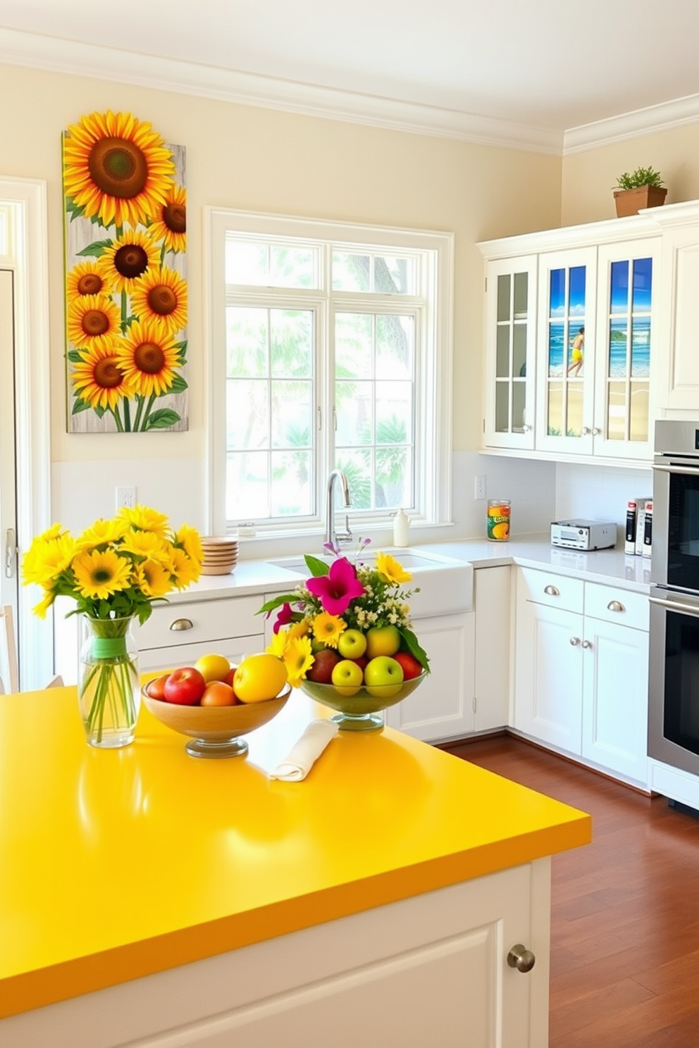 A bright and airy summer kitchen filled with natural light. The walls are adorned with vibrant summer-themed artwork featuring sunflowers and beach scenes. The kitchen island is topped with a cheerful yellow countertop, complemented by white cabinetry. Fresh fruits in a decorative bowl and a bouquet of seasonal flowers add a lively touch to the space.