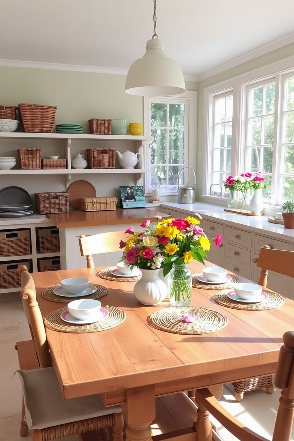 A bright and airy summer kitchen featuring wicker baskets for storage. The walls are painted in a soft pastel color and large windows allow natural light to flood the space. A rustic wooden dining table is surrounded by comfortable chairs, while a charming centerpiece of fresh flowers adds a pop of color. Open shelves display colorful dishware, and woven placemats add a touch of texture to the table setting.