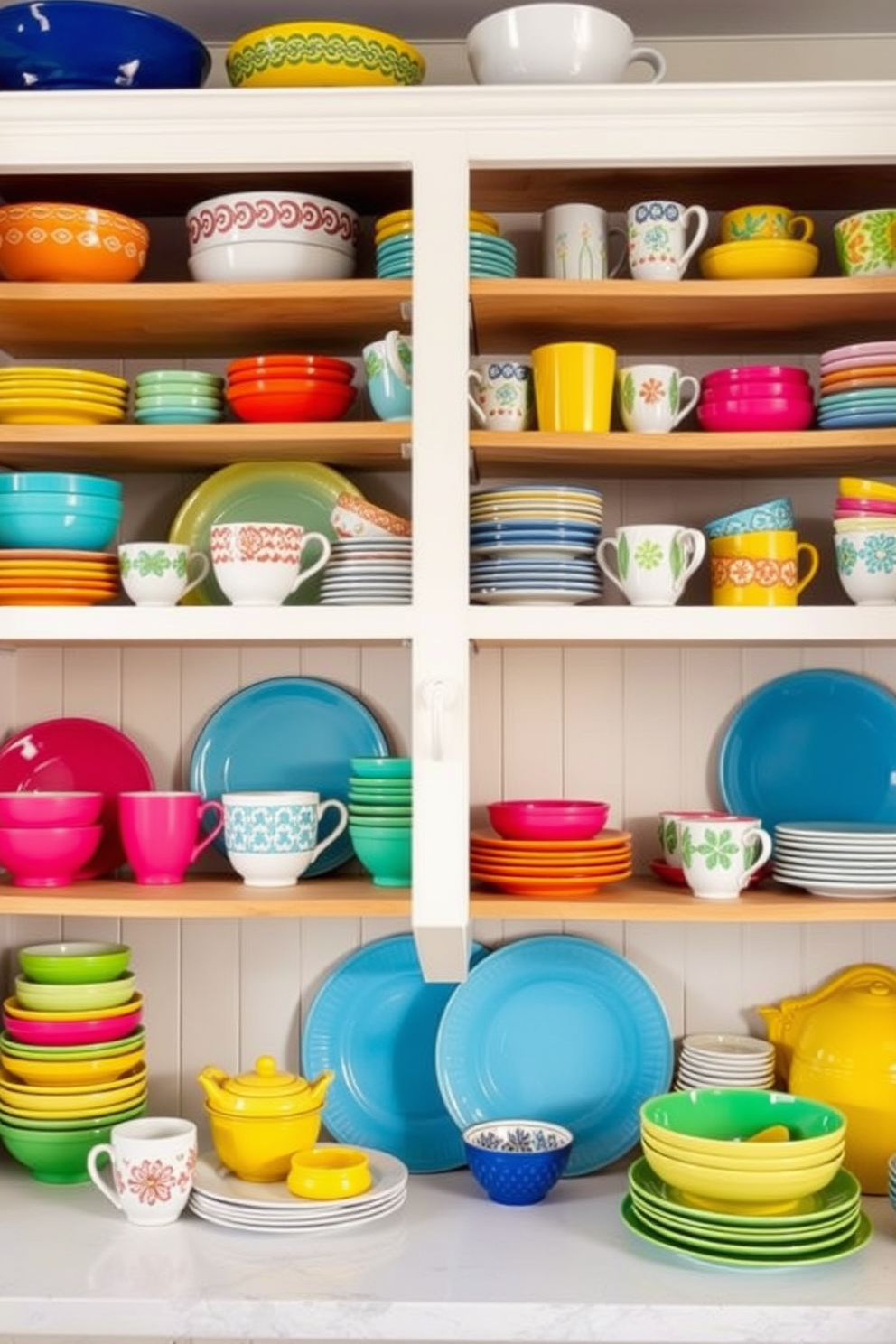 A vibrant summer kitchen setting features open shelves adorned with an array of colorful dishware. The shelves are filled with bright plates, bowls, and mugs in various patterns, creating an inviting and cheerful atmosphere.