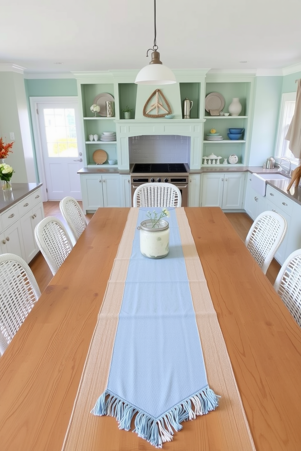 A bright and airy kitchen featuring a large wooden dining table adorned with a beachy table runner that showcases soft blues and sandy beige tones. Surrounding the table are white wicker chairs, and the kitchen walls are painted in a light seafoam green, complemented by open shelving displaying beach-themed decor and dishes.