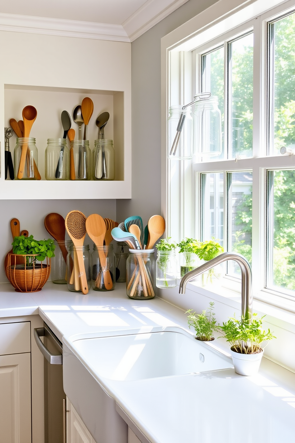 A charming summer kitchen adorned with mason jars for utensil storage. The jars are filled with a variety of cooking tools and displayed on open shelves, adding a rustic touch to the space. Bright and airy, the kitchen features light-colored cabinetry and a farmhouse sink. Fresh herbs in small pots are placed on the windowsill, bringing a touch of nature indoors.