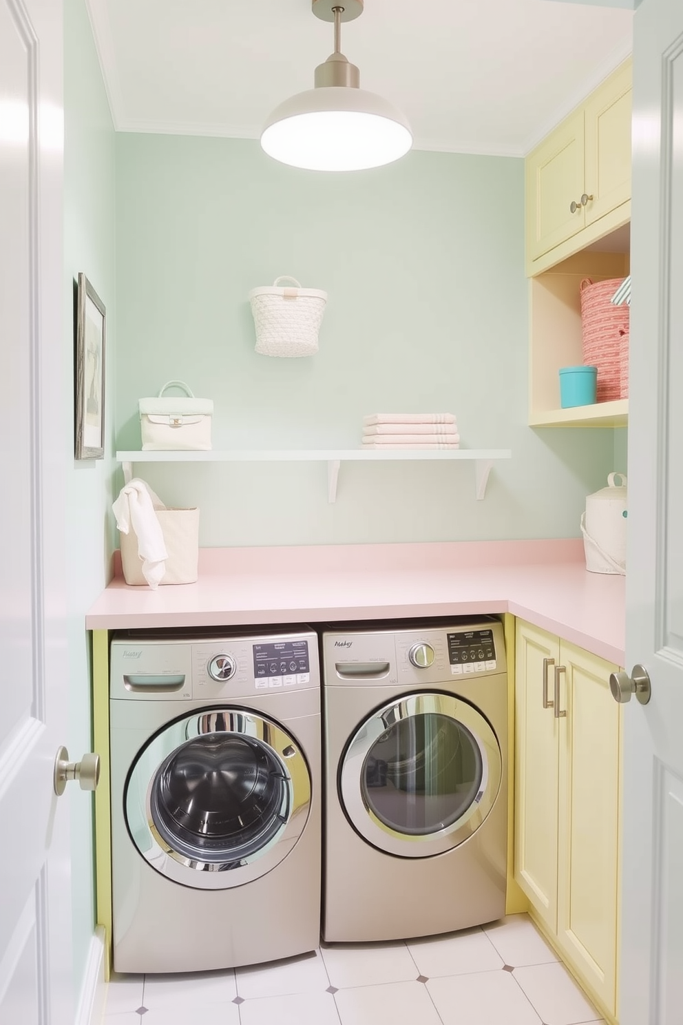 A bright and airy laundry room filled with cheerful pastel colors. The walls are painted in a soft mint green, complemented by light yellow cabinetry and a pale pink countertop. A spacious washing machine and dryer are neatly tucked away beneath the countertop. Decorative storage baskets in various pastel shades are placed on open shelves, adding a playful touch to the space.