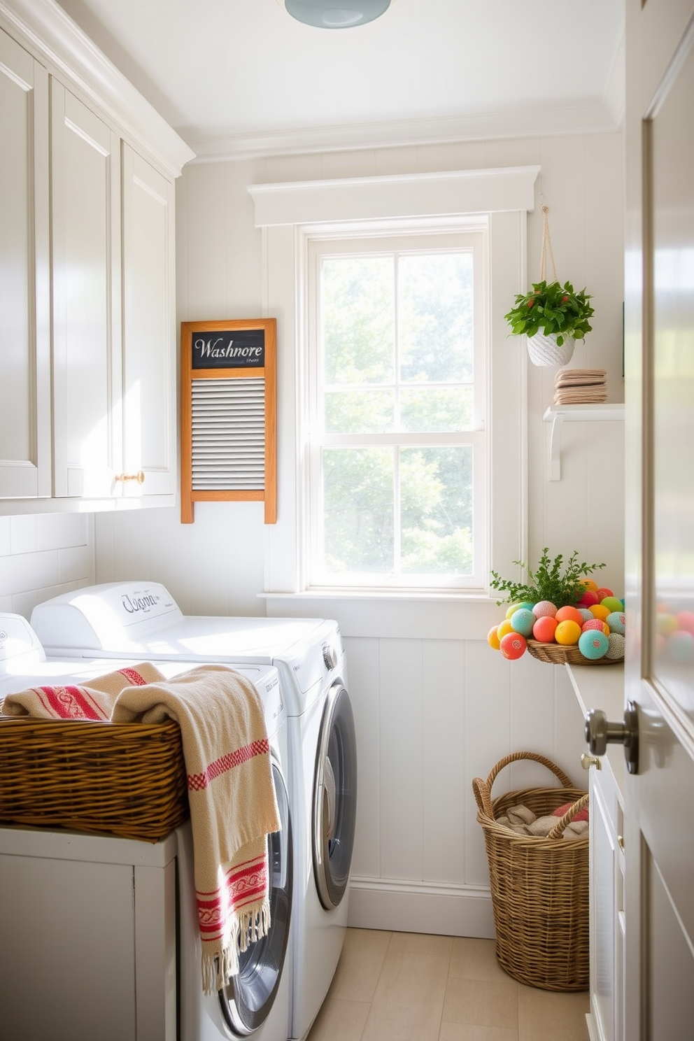 A charming summer laundry room filled with natural light. The space features a vintage washboard as decor, enhancing the nostalgic atmosphere. Bright white cabinetry complements the soft pastel walls, creating a fresh and airy feel. A wicker basket filled with colorful towels sits next to a sunny window, adding a pop of color.