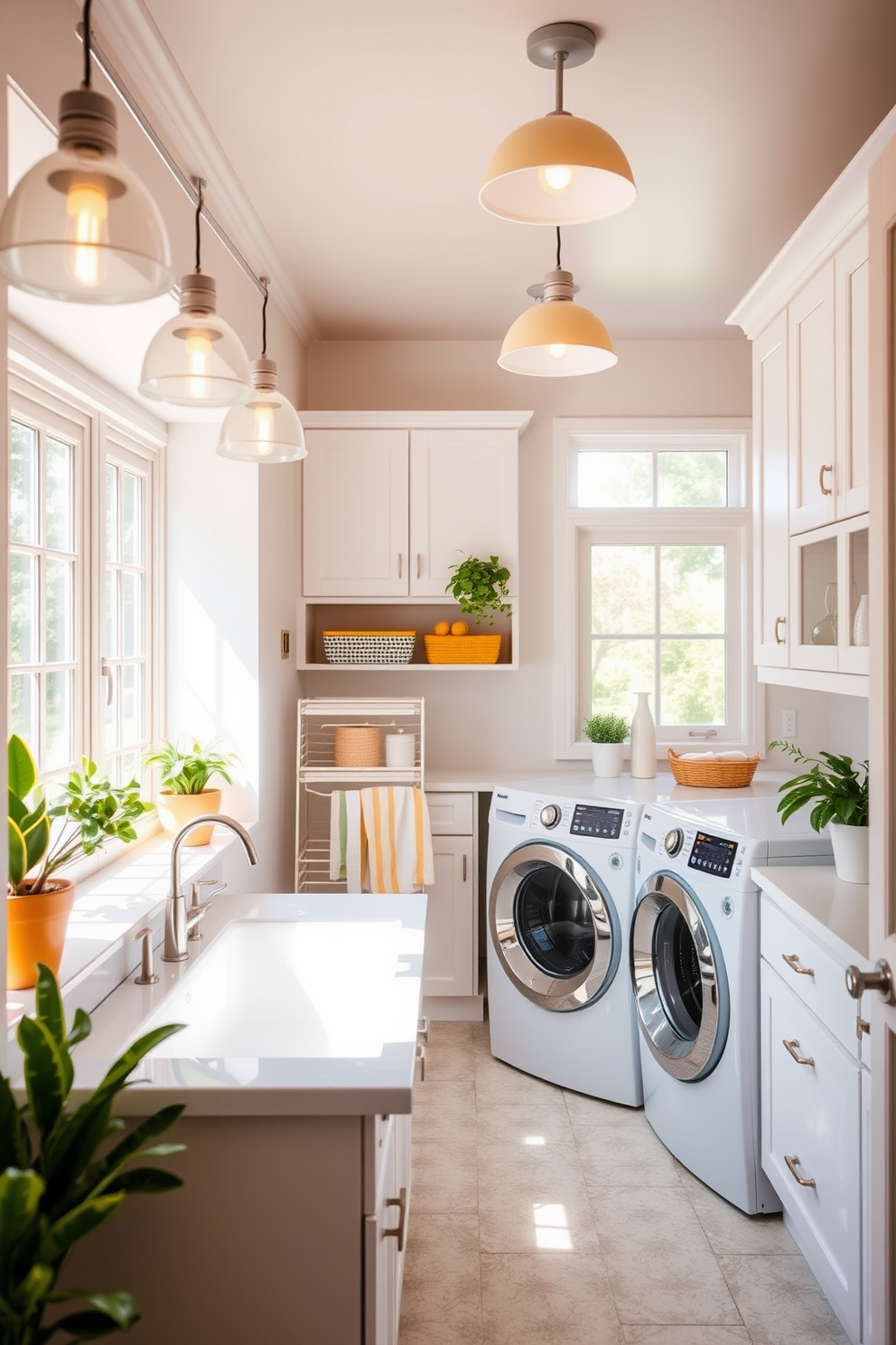 A bright and airy laundry room filled with natural light. The space features white cabinetry and a large farmhouse sink, complemented by cheerful yellow accents throughout. Bright lighting fixtures hang from the ceiling, illuminating the room with a warm glow. A stylish drying rack is placed near the window, and potted plants add a touch of freshness to the decor.