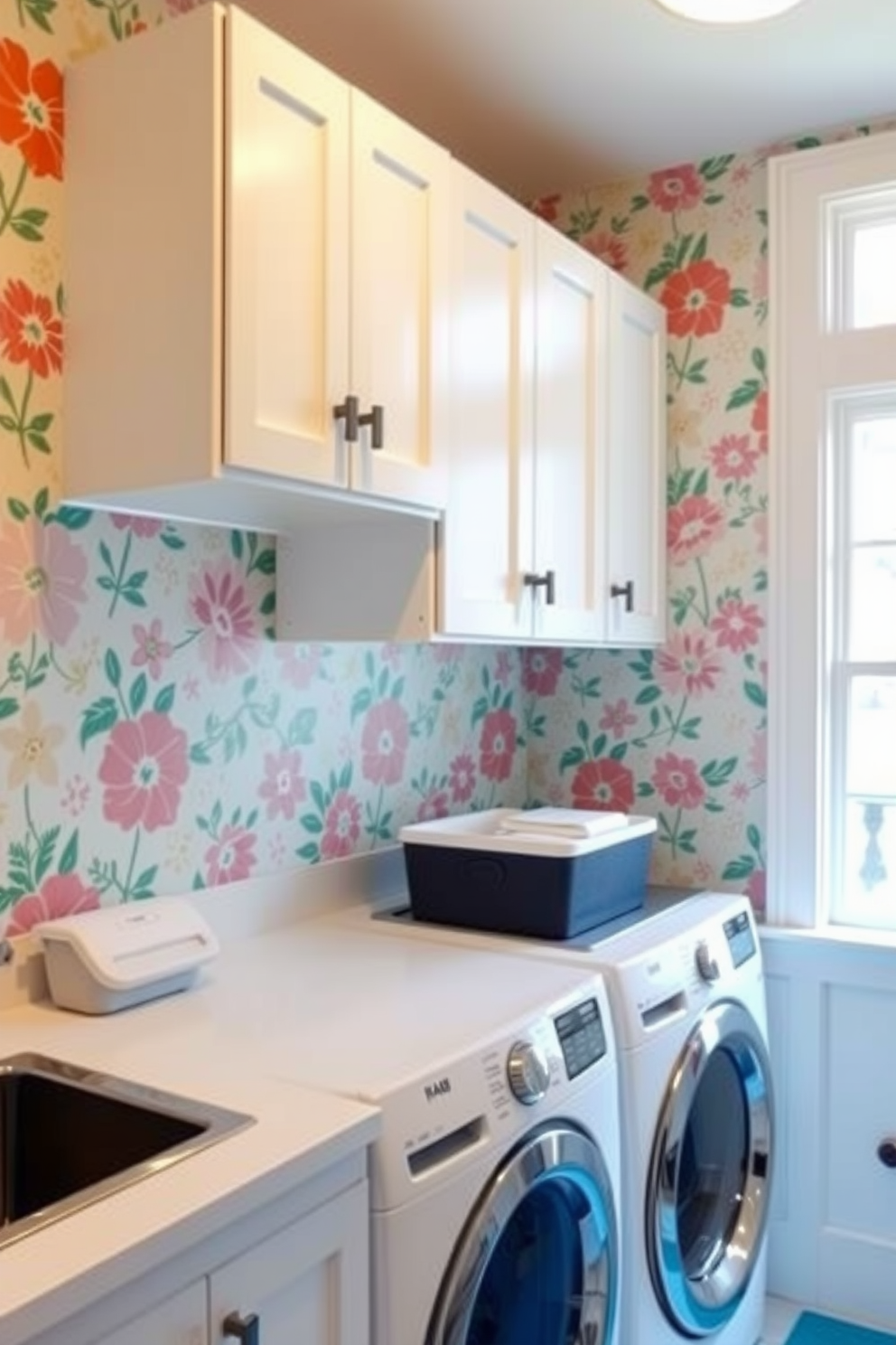 A bright and cheerful laundry room featuring playful wallpaper with a vibrant floral pattern. The space is filled with natural light, highlighting the fresh white cabinetry and a spacious countertop for folding laundry.