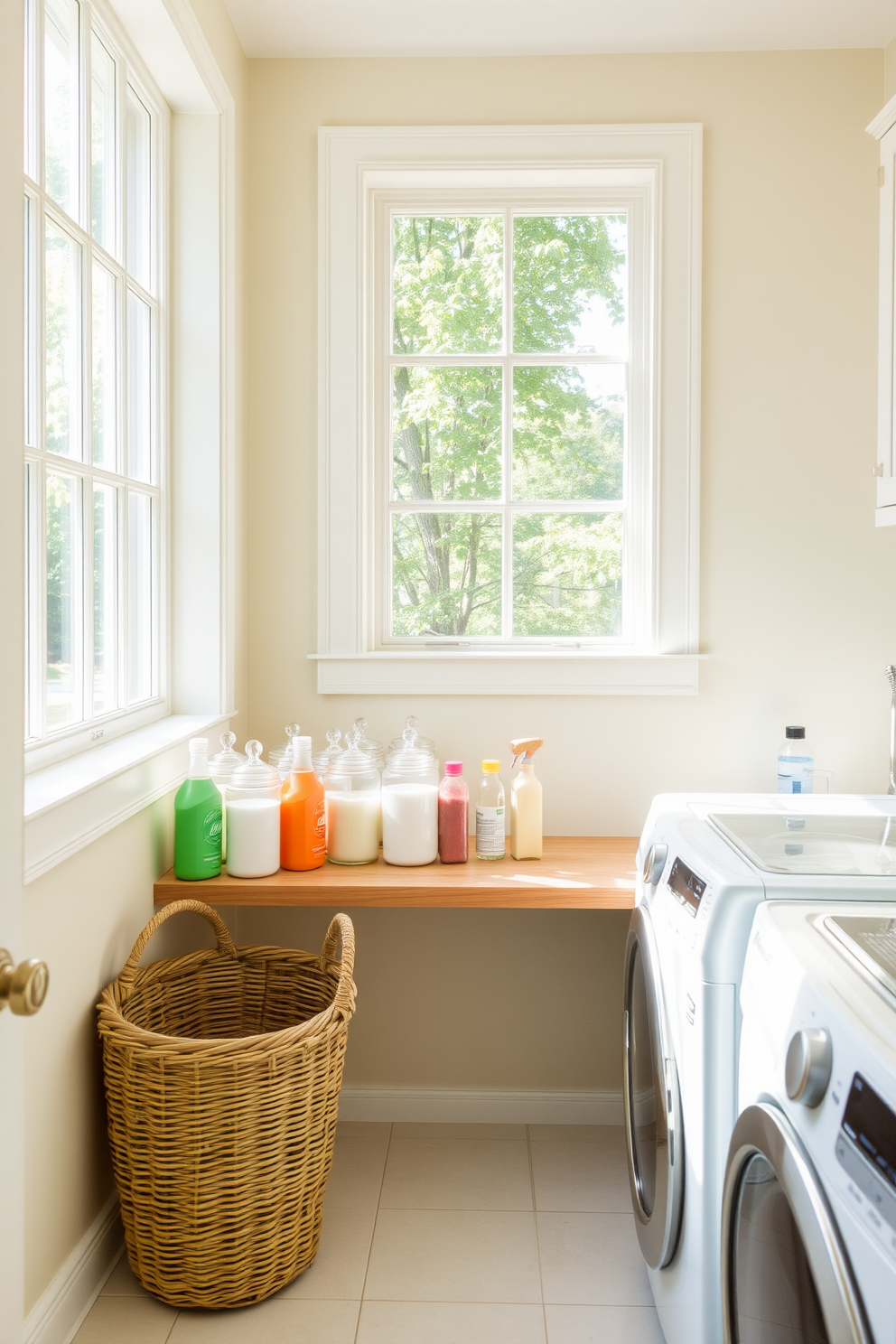 A bright and airy laundry room features a large window that allows natural light to flood the space. The walls are painted in a soft pastel hue, creating a cheerful atmosphere. Glass jars are neatly arranged on a wooden shelf, filled with colorful detergents and fabric softeners for easy access. A wicker basket sits nearby, adding a touch of warmth and texture to the room.