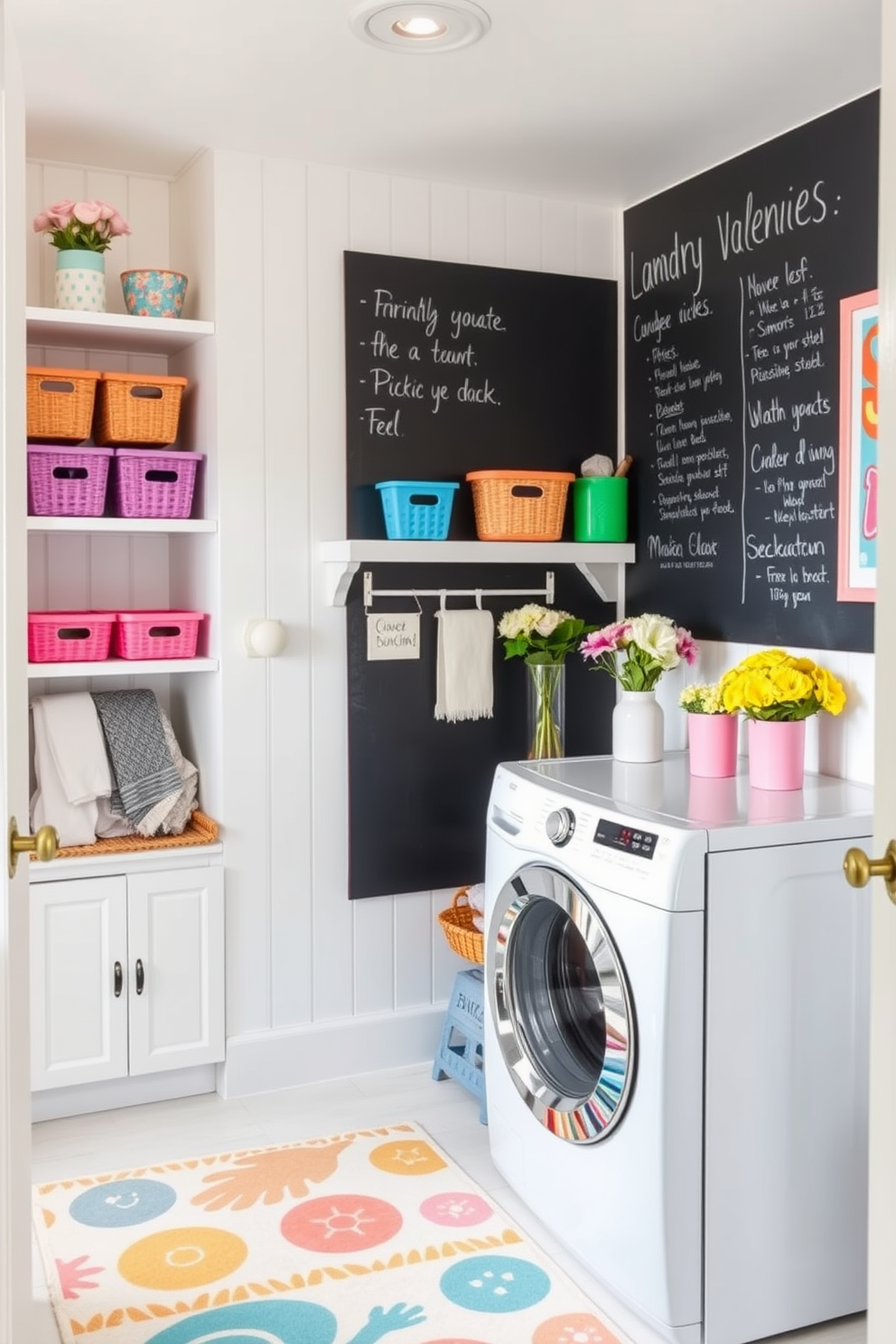 A bright and airy laundry room designed for summer vibes. The space features a large chalkboard mounted on the wall for notes and reminders, surrounded by cheerful decor in pastel colors. Incorporate open shelving to display colorful storage baskets and fresh flowers. The room has a functional layout with a washer and dryer, accented by a playful rug and bright wall art.