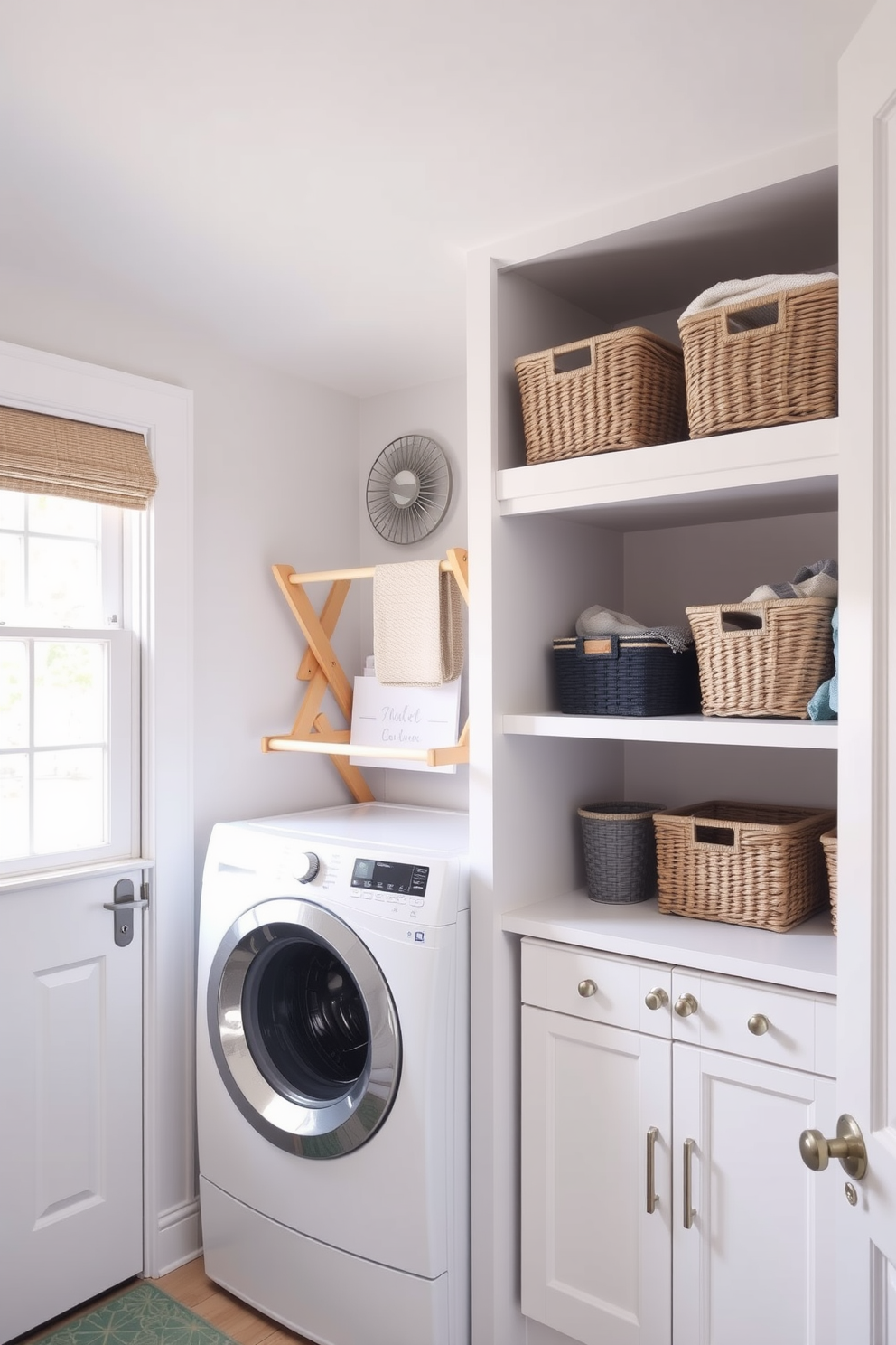 A charming laundry room featuring a cute drying rack made of natural wood positioned near a sunny window. The walls are painted in a soft pastel color, and decorative baskets are neatly arranged on shelves to enhance functionality and style.