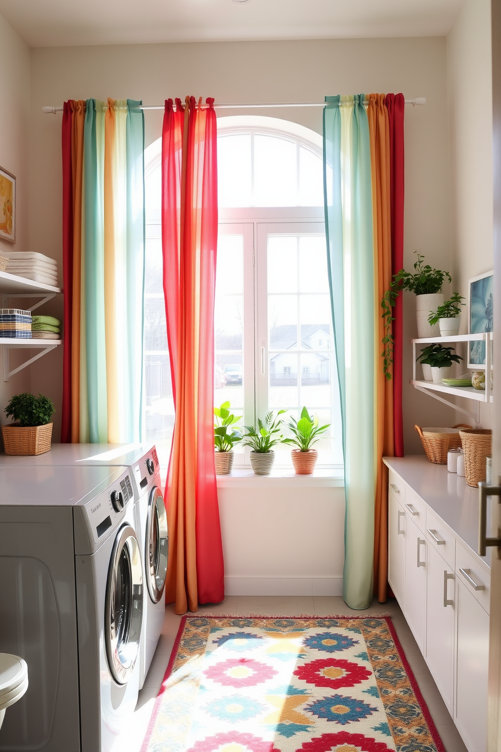 A bright and airy laundry room featuring colorful curtains that gently frame a large window, allowing natural light to flood the space. The walls are painted in a soft pastel hue, and the room includes a spacious countertop for folding clothes, adorned with decorative baskets for organization. Stylish open shelving displays neatly arranged laundry supplies and potted plants, adding a fresh and inviting vibe. A cheerful rug in vibrant colors lies underfoot, enhancing the overall warmth and comfort of the room.