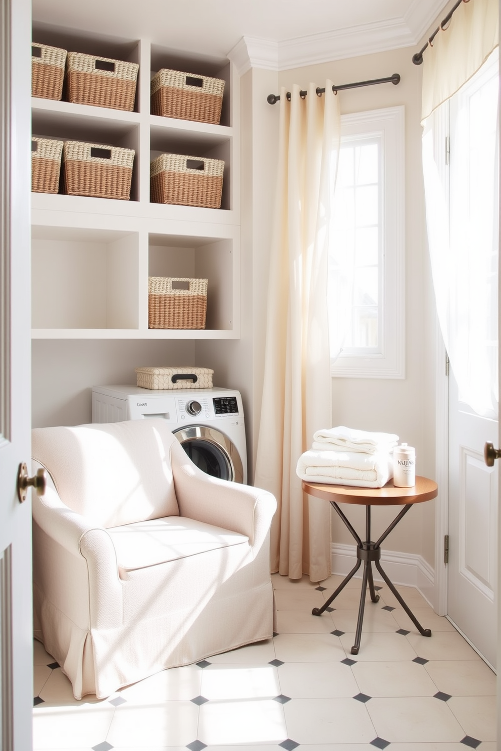 A bright and airy laundry room featuring a small seating area with a cozy armchair upholstered in light fabric. The walls are painted in a soft pastel color, and a stylish side table holds a stack of neatly folded towels. Natural light floods the space through a large window adorned with sheer curtains, enhancing the cheerful atmosphere. Decorative storage baskets are neatly arranged on shelves, providing both functionality and charm.