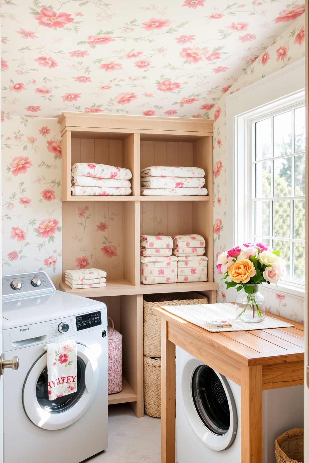 A bright and airy laundry room featuring floral patterned wallpaper in pastel colors. The space is enhanced by a white washing machine and dryer, with a wooden folding table adorned with a bouquet of fresh flowers. Open shelves display neatly folded towels and laundry essentials, all in coordinating floral prints. A large window allows natural light to flood the room, highlighting the cheerful decor and creating an inviting atmosphere.