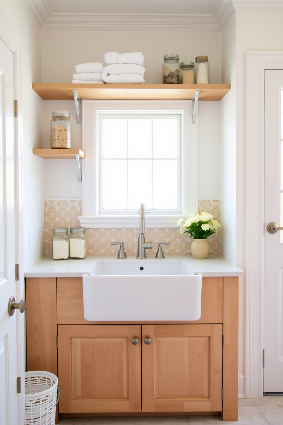 A bright and airy laundry room features a farmhouse sink with a distressed wooden cabinet beneath. Shelves above the sink display neatly folded towels and decorative jars filled with laundry supplies. Light-colored walls are complemented by a patterned backsplash that adds a touch of character. A large window allows natural light to flood the space, enhancing the cheerful atmosphere.