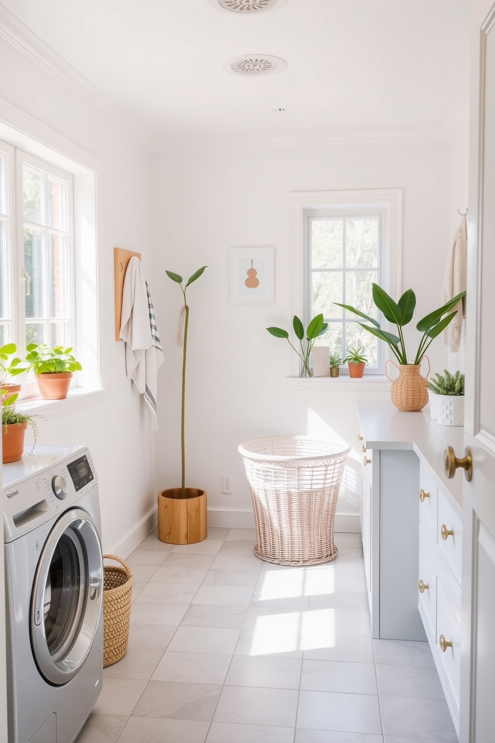 A bright and airy laundry room filled with natural light. The walls are painted in a soft pastel color, and the floor is adorned with light gray tiles. A spacious countertop made of white quartz provides ample workspace. Decorative hooks are mounted on the wall for easy access to towels and bags. A stylish laundry basket sits in one corner, complementing the overall decor. Potted plants add a touch of greenery, enhancing the summer vibe of the room.