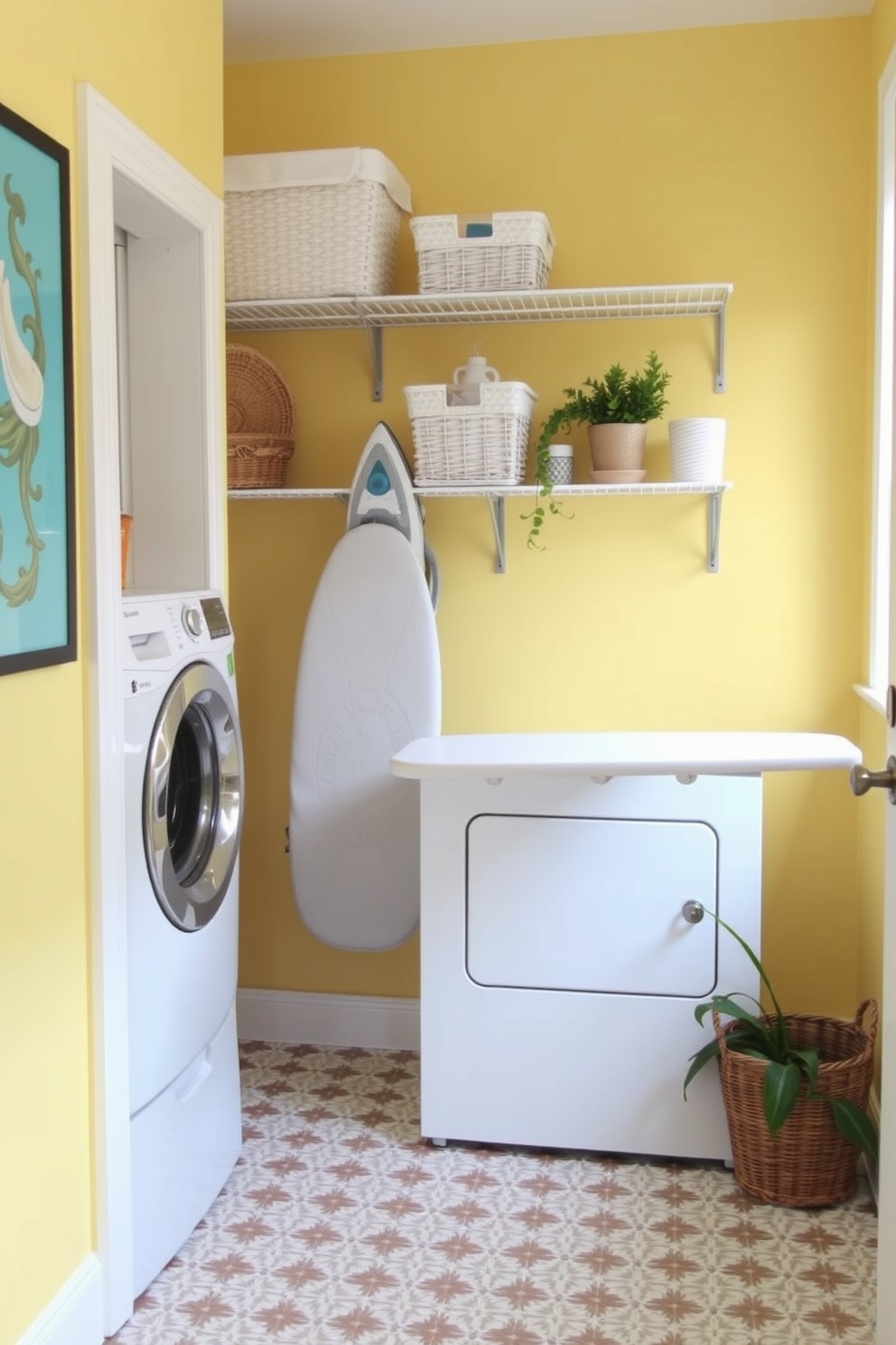 A bright and cheerful laundry room featuring a small ironing station tucked neatly into the corner. The walls are painted in a soft pastel yellow, and the floor is covered with a durable, patterned vinyl that adds a touch of fun. A compact ironing board is mounted on the wall, easily accessible when needed. Decorative baskets for organizing laundry supplies sit on a nearby shelf, while a potted plant adds a refreshing green touch to the space.