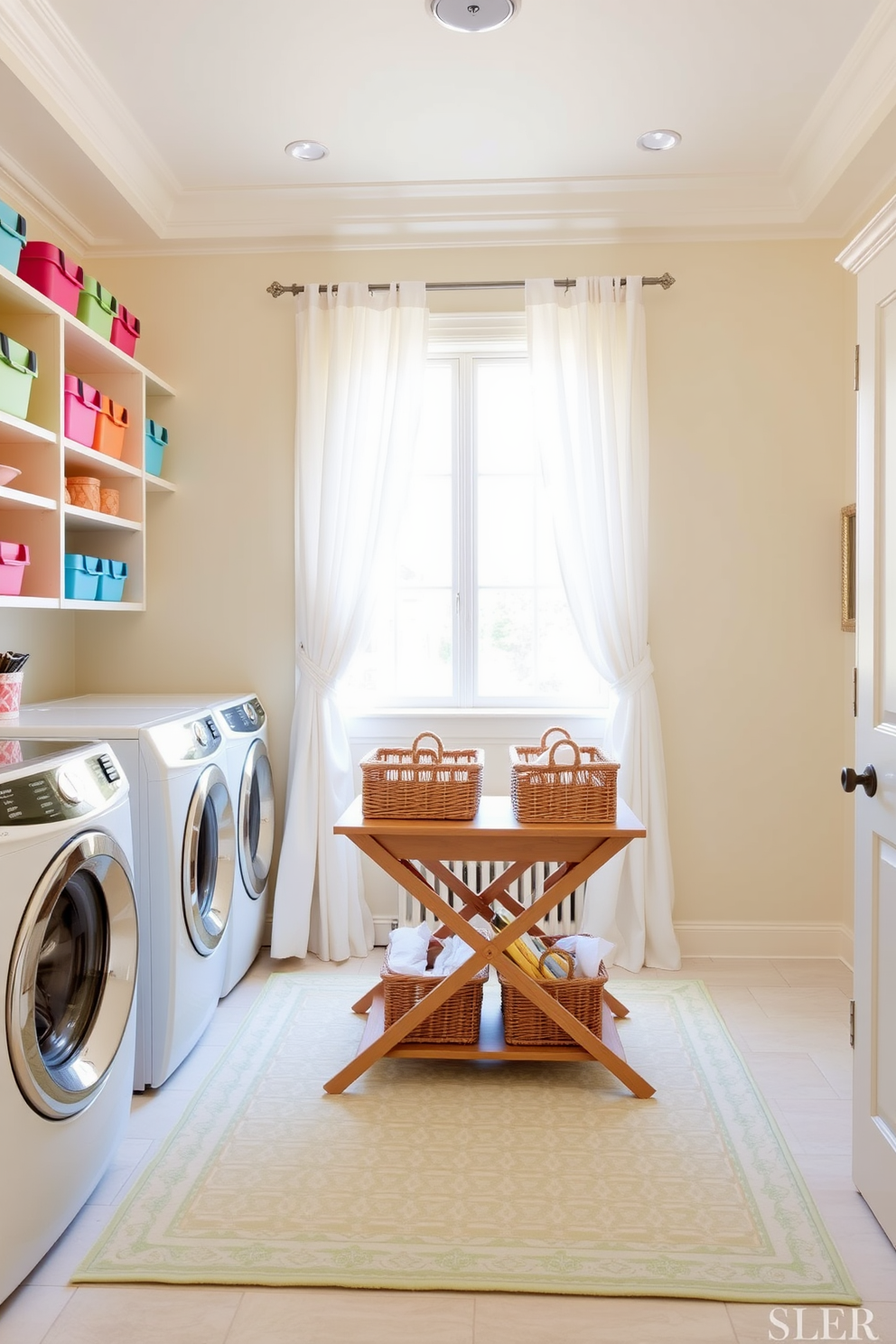 A bright and airy laundry room featuring color-coordinated laundry bins neatly arranged on open shelves. The walls are painted in a soft pastel hue, and a cheerful patterned rug adds a pop of color to the space. Natural light floods the room through a large window adorned with light, flowing curtains. A stylish folding table sits in the center, topped with decorative baskets for added organization and charm.