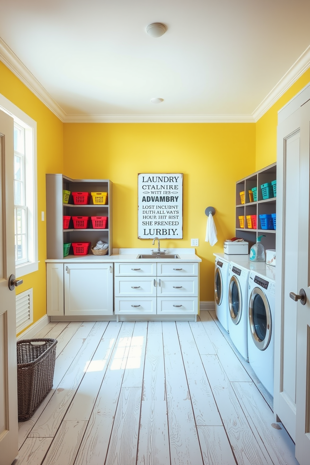 A bright and airy laundry room filled with natural light. The walls are painted in a cheerful pastel yellow, and the floor is adorned with whitewashed wooden planks. In the center, there's a spacious countertop for folding clothes, surrounded by open shelving displaying colorful storage baskets. A playful sign with whimsical laundry quotes hangs on the wall, adding a touch of fun to the space.