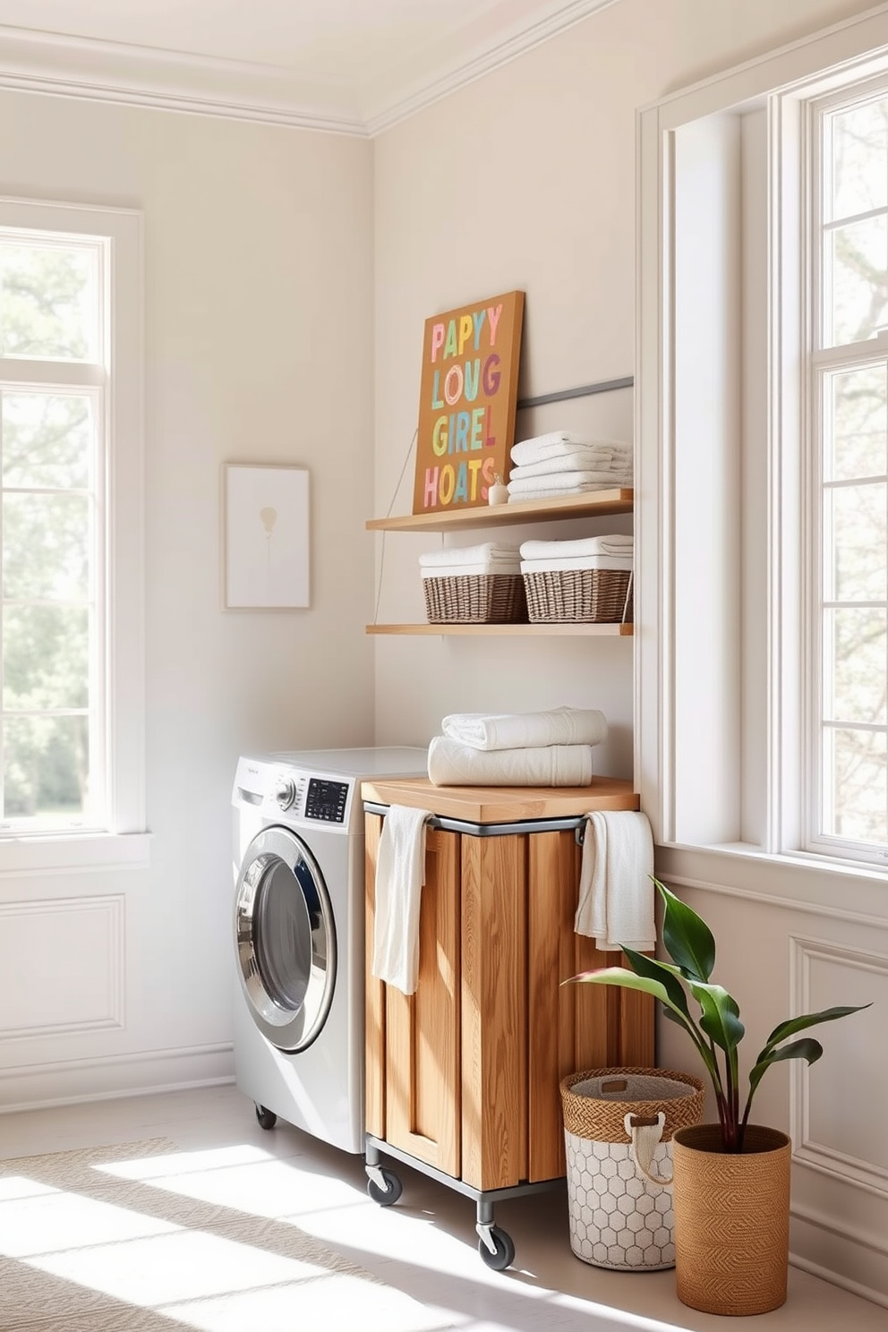 A bright and airy laundry room features a stylish laundry cart made of natural wood with metal accents, providing both functionality and aesthetic appeal. The walls are painted in a soft pastel hue, and large windows allow plenty of natural light to illuminate the space. Next to the laundry cart, there are open shelves displaying neatly folded towels and decorative baskets for organization. A cheerful wall art piece adds a pop of color, while a potted plant in the corner brings a touch of nature indoors.