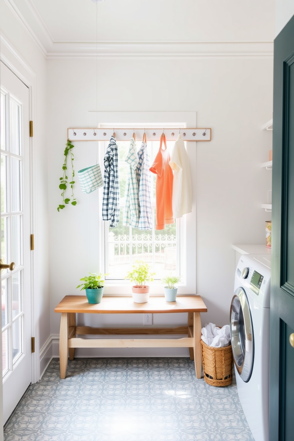 A bright and airy laundry room features a peg rail mounted on a soft white wall, providing an organized yet stylish way to hang clothes. Below the rail, a vintage wooden bench offers a cozy spot for folding laundry, while a large window allows natural light to flood the space. The floor is adorned with cheerful patterned tiles, adding a playful touch to the room. Potted plants sit on the windowsill, bringing a fresh and vibrant feel to the summer laundry setting.