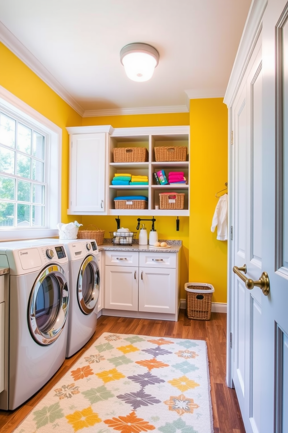 A bright yellow paint color adorns the walls of the laundry room, creating a cheerful and inviting atmosphere. The space features open shelving filled with neatly arranged baskets and colorful laundry supplies, enhancing the vibrant aesthetic. A large window allows natural light to flood the room, illuminating the white cabinetry and countertops. A stylish area rug in a playful pattern adds warmth and comfort underfoot, making laundry chores feel less tedious.