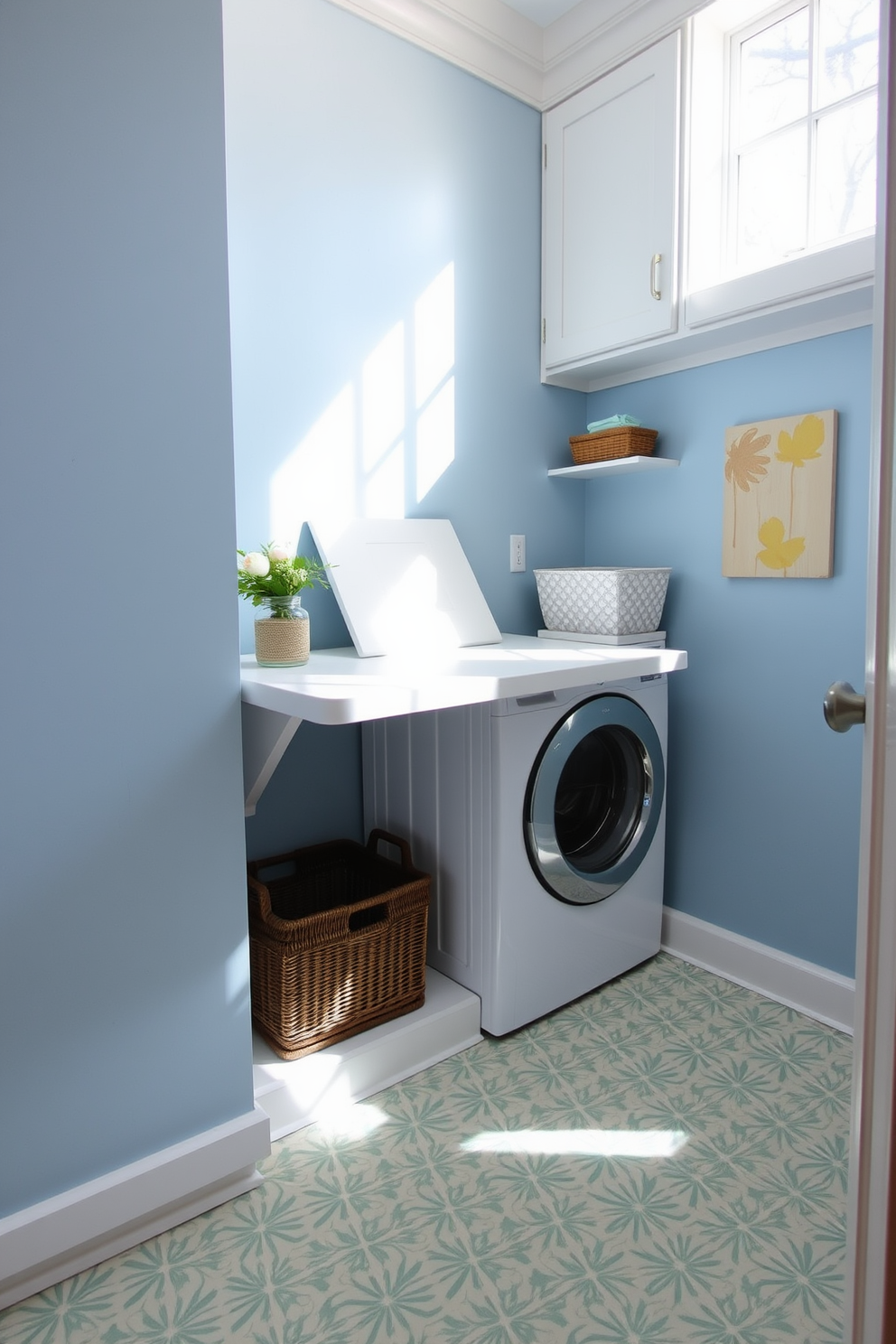 A bright and airy laundry room featuring a wall-mounted folding table that maximizes space. The walls are painted in a soft blue hue, complemented by white cabinetry and natural light streaming through a nearby window. The floor is adorned with a cheerful patterned tile, adding a touch of personality to the space. Decorative baskets are neatly arranged beneath the table, providing functional storage while keeping the area organized.