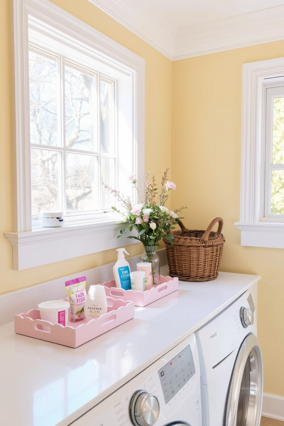 A bright and airy laundry room filled with natural light. Decorative trays in soft pastel colors are arranged on the countertop, holding small items like laundry pods and fabric softeners. The walls are painted in a cheerful light yellow, creating a sunny atmosphere. A stylish wicker basket sits nearby, adding texture and warmth to the space.