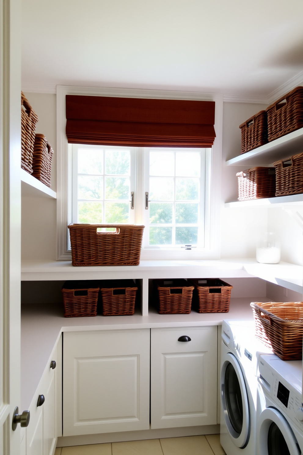 A bright and airy laundry room features wicker baskets neatly arranged on open shelves for stylish storage. The walls are painted in a soft pastel color, and a large window allows natural light to flood the space, enhancing the cheerful atmosphere.