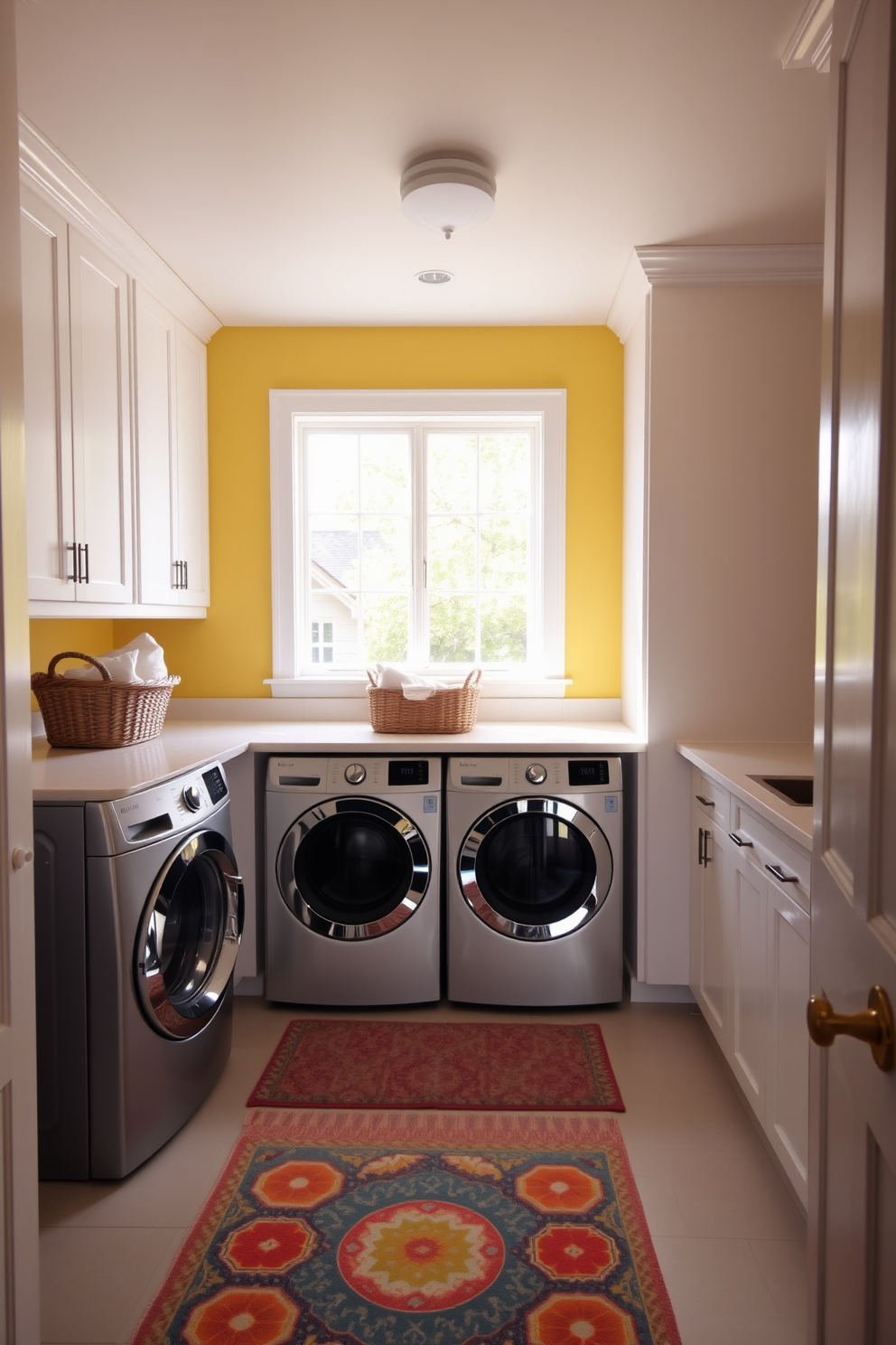 A bright and airy laundry room designed for summer vibes. The space features a large window allowing natural light to flood in, complemented by soft white cabinetry and a cheerful yellow accent wall. A spacious countertop is perfect for folding clothes, adorned with a stylish basket for storage. A fun, colorful rug lies beneath the washing machine and dryer, adding comfort and a pop of personality to the room.