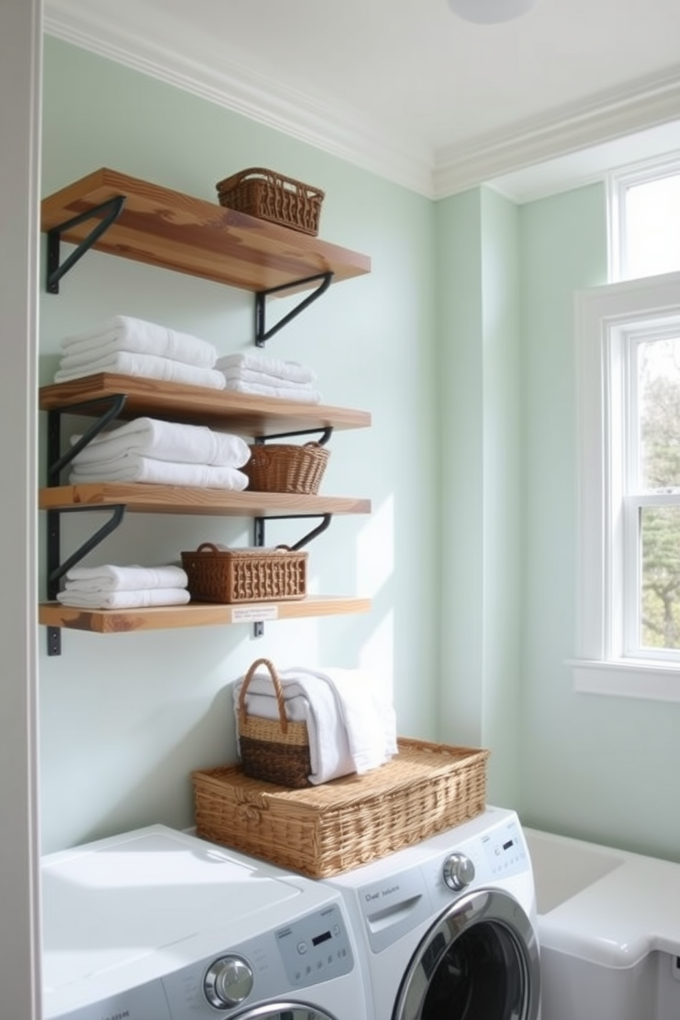 A bright and airy laundry room featuring open shelving made of reclaimed wood. The shelves are filled with neatly folded towels and decorative baskets, adding both functionality and style to the space. The walls are painted in a soft pastel color, creating a cheerful atmosphere. A large window allows natural light to flood in, illuminating the space and making it feel inviting.