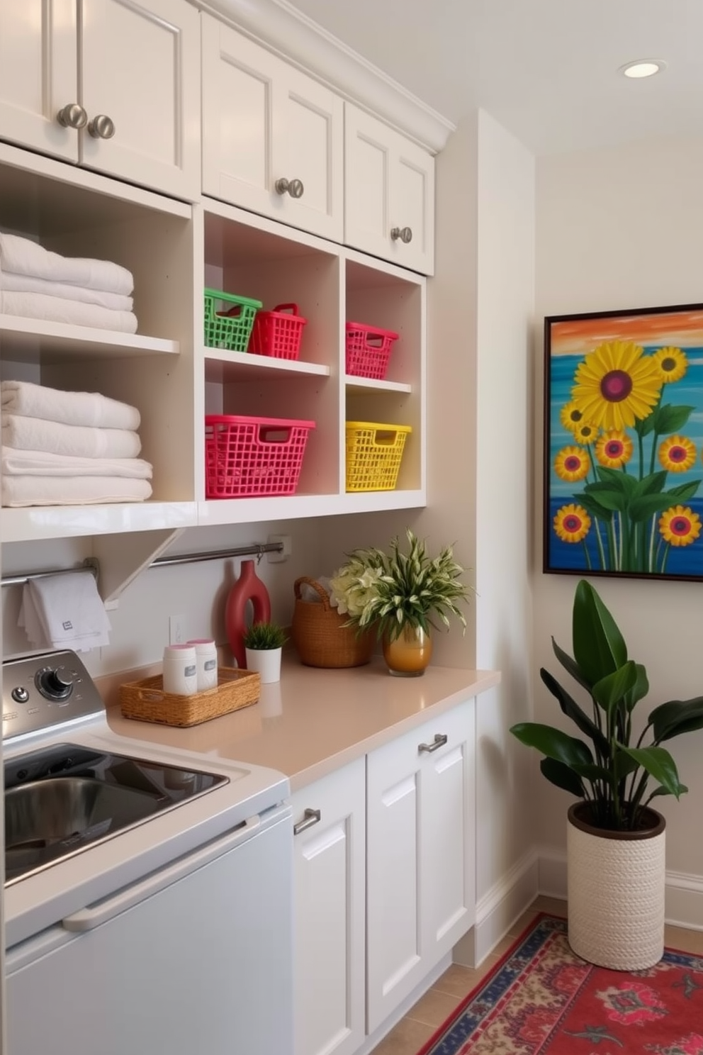 Create a bright and airy laundry room that embodies a fresh summer vibe. Incorporate light-colored cabinetry with open shelves displaying neatly folded towels and colorful storage baskets. Hang vibrant artwork on the walls that reflects a cheerful summer theme. Add decorative elements like potted plants and a stylish rug to enhance the inviting atmosphere.